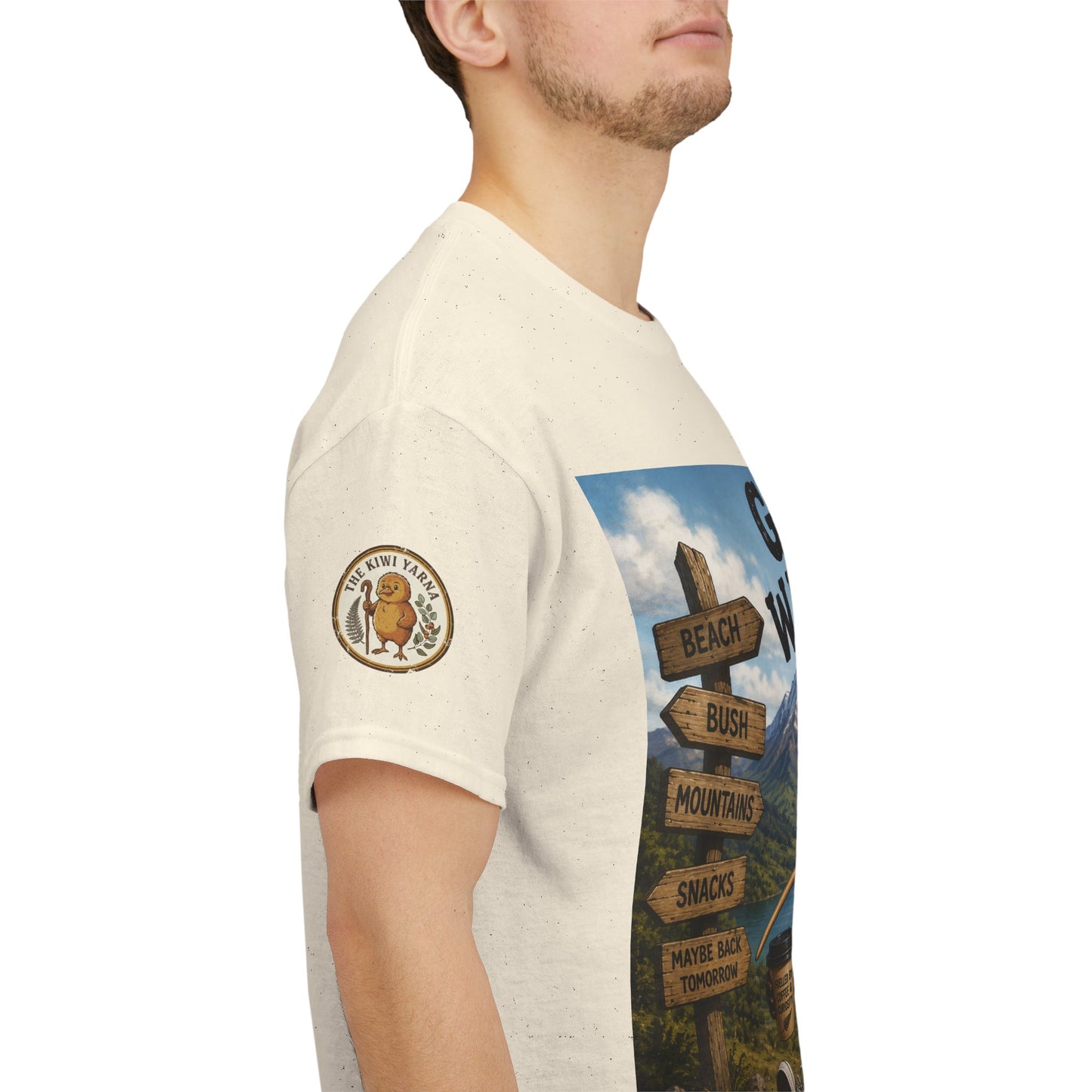Off-white graphic T-shirt, side view showing front print and sleeve badge
