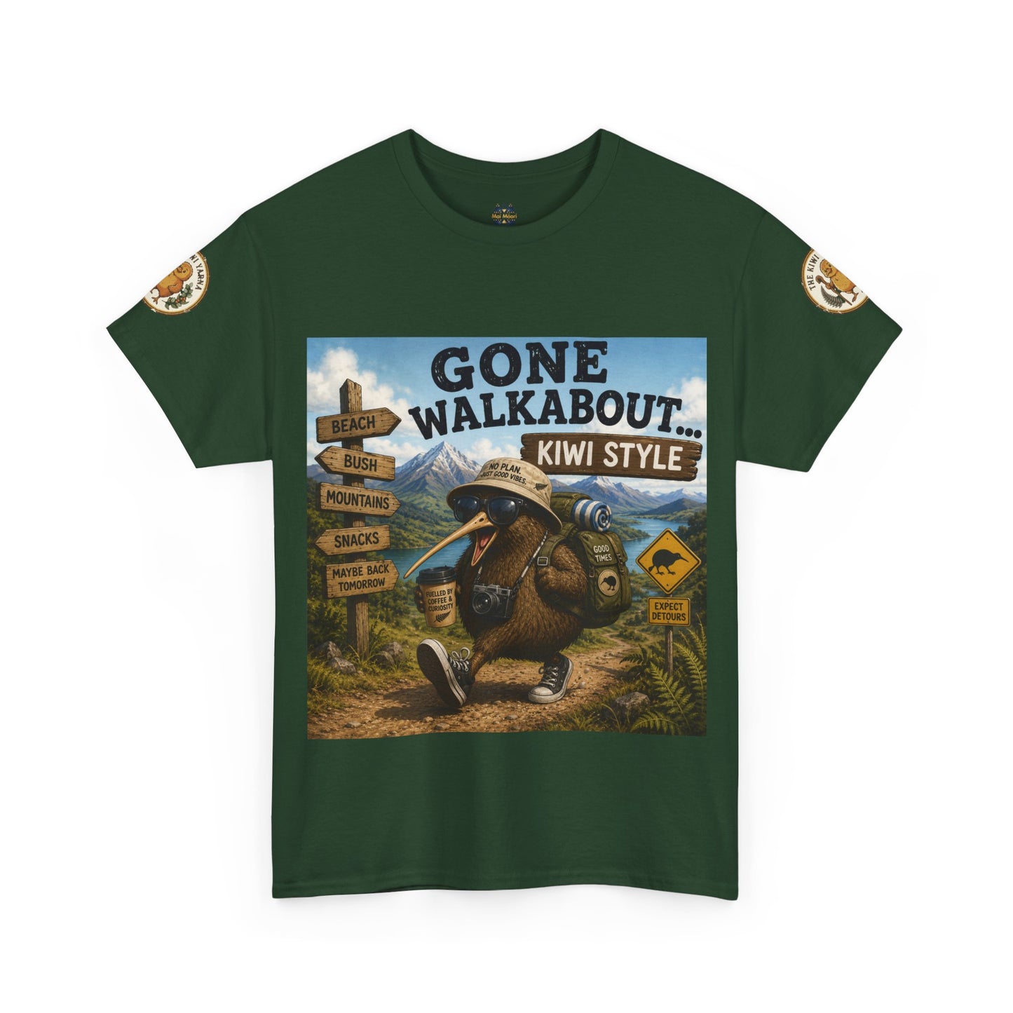 Green crew-neck T-shirt with large kiwi adventure graphic on the front