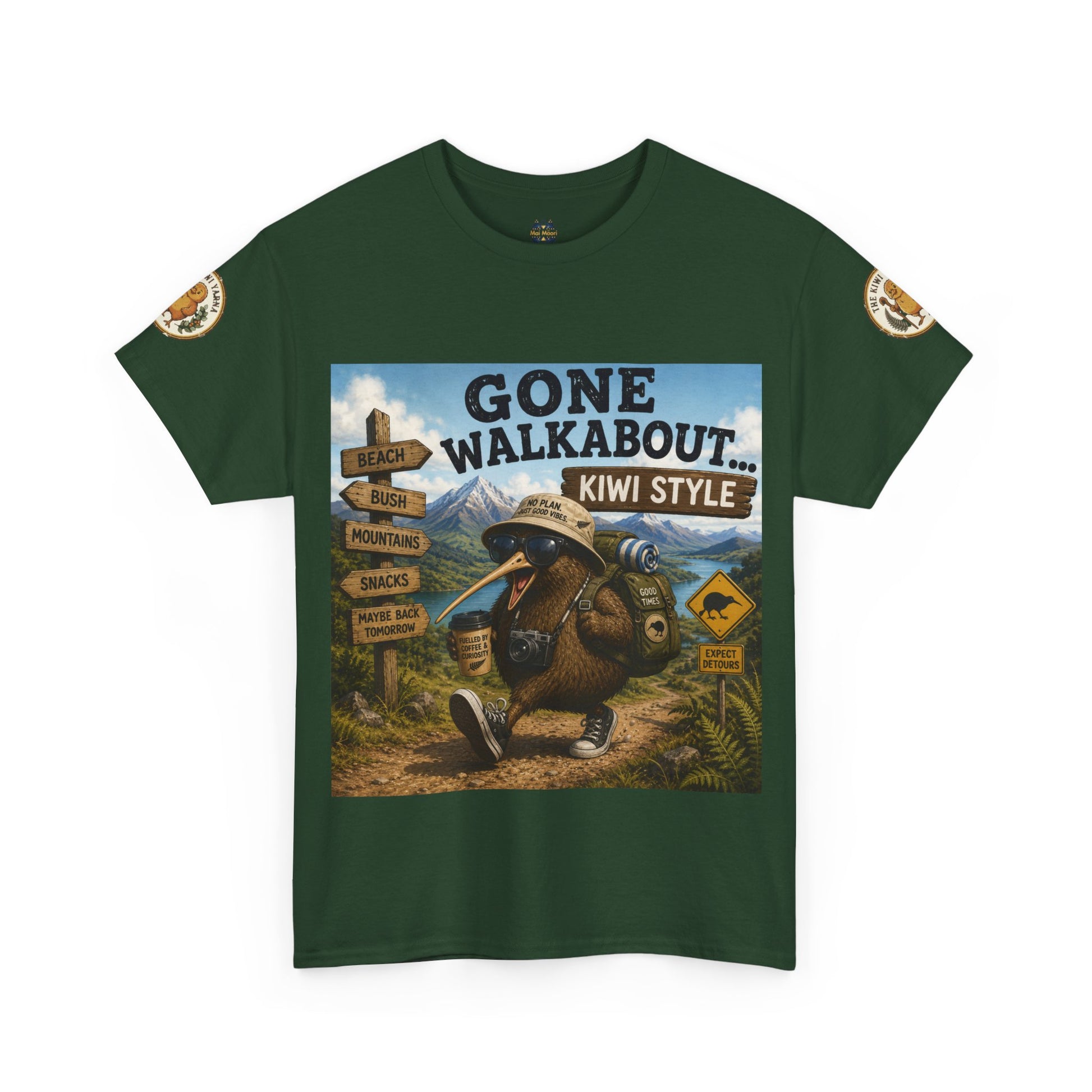 Green crew-neck T-shirt with large kiwi adventure graphic on the front