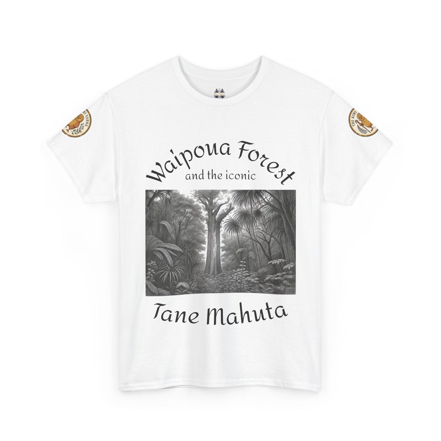 White graphic T-shirt with monochrome forest print and 'Tane Mahuta' script