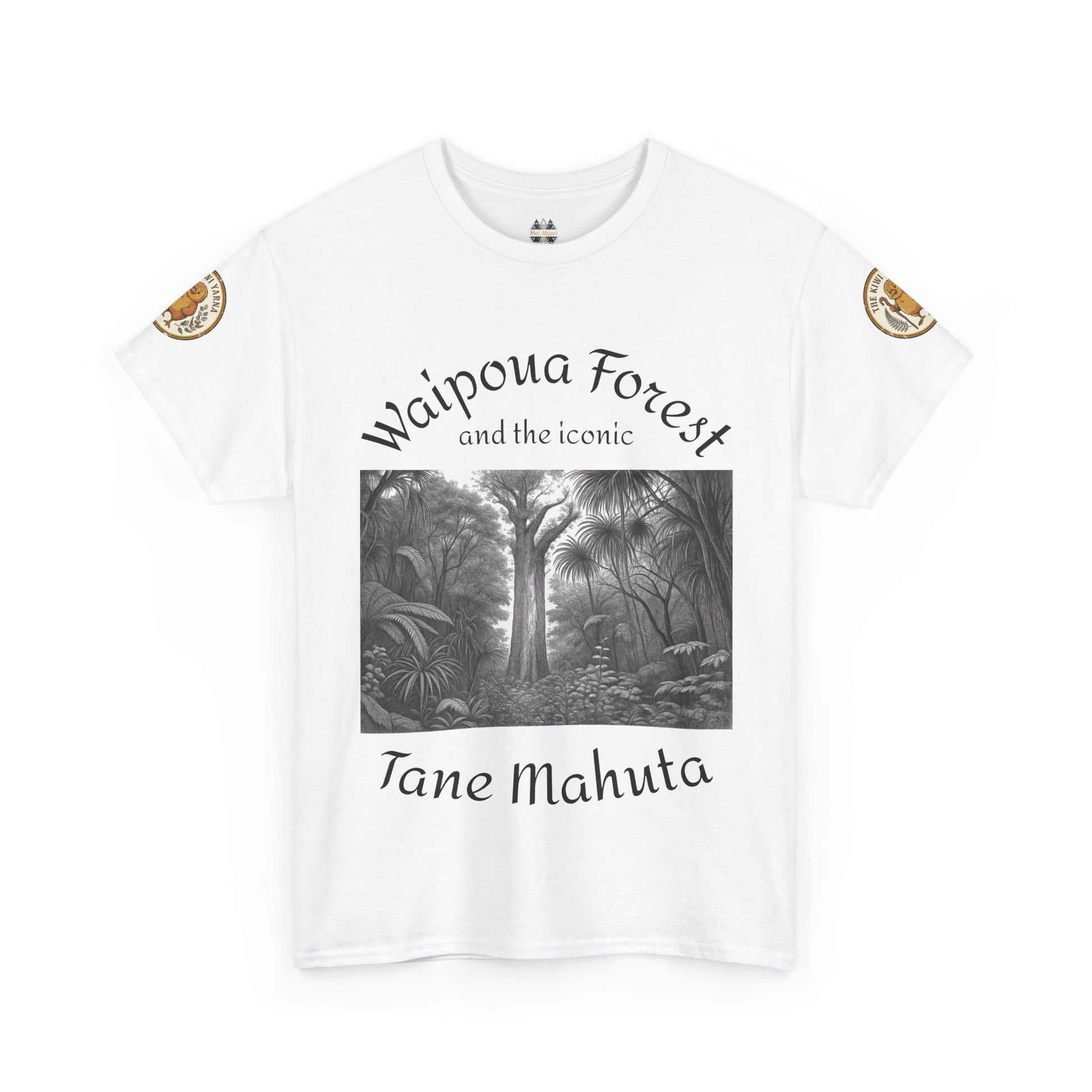 White graphic T-shirt with monochrome forest print and 'Tane Mahuta' script