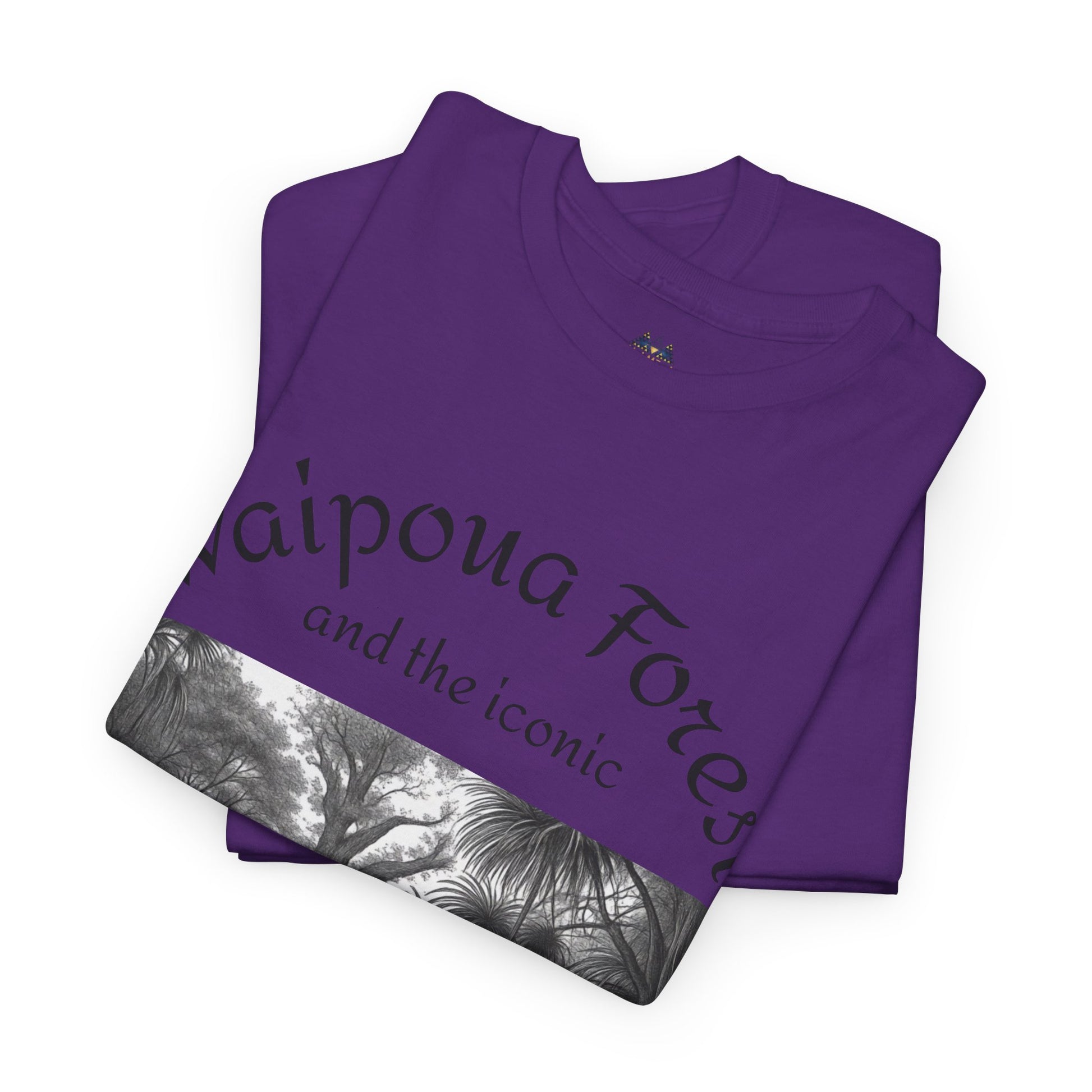 Purple graphic T-shirt folded stack with large monochrome forest print panel