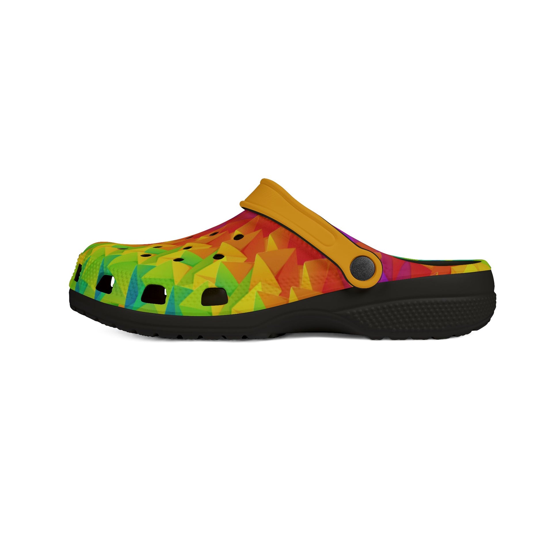 Ahi clogs side profile, yellow and multicolor geometric top, black tread sole.