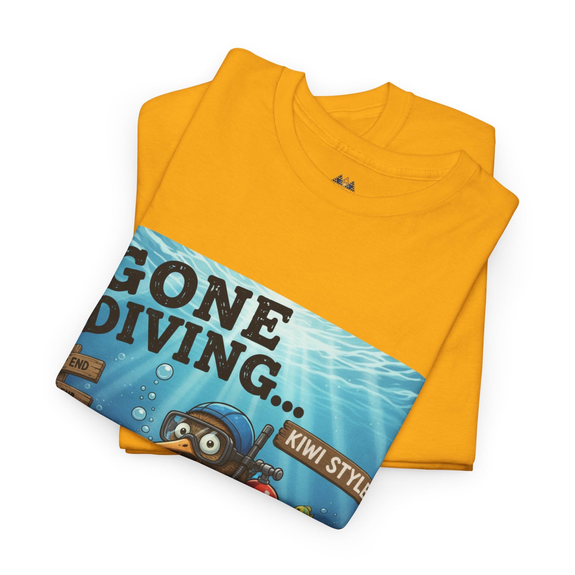 Yellow kids graphic T-shirt with diver cartoon print across the lower front
