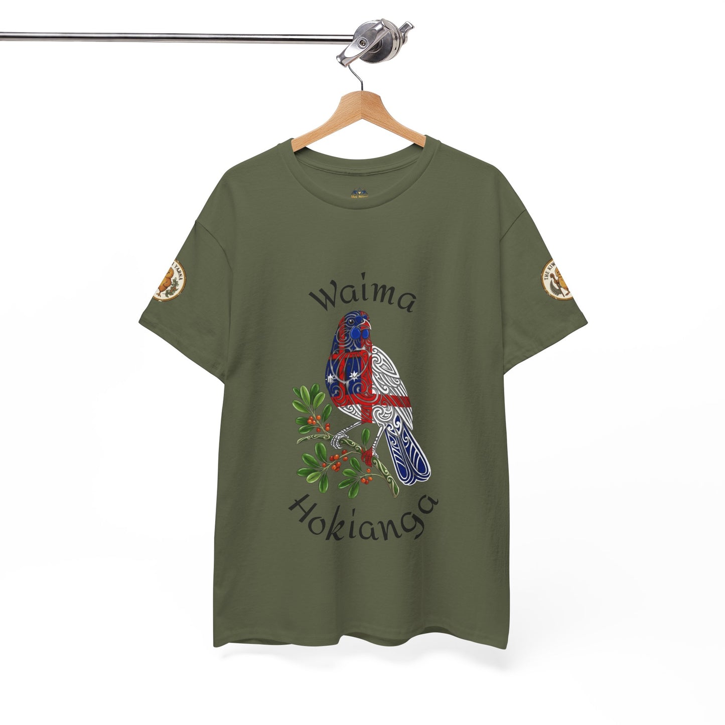 Olive green graphic t-shirt on hanger with bird and text print, crew neck, sleeve badges