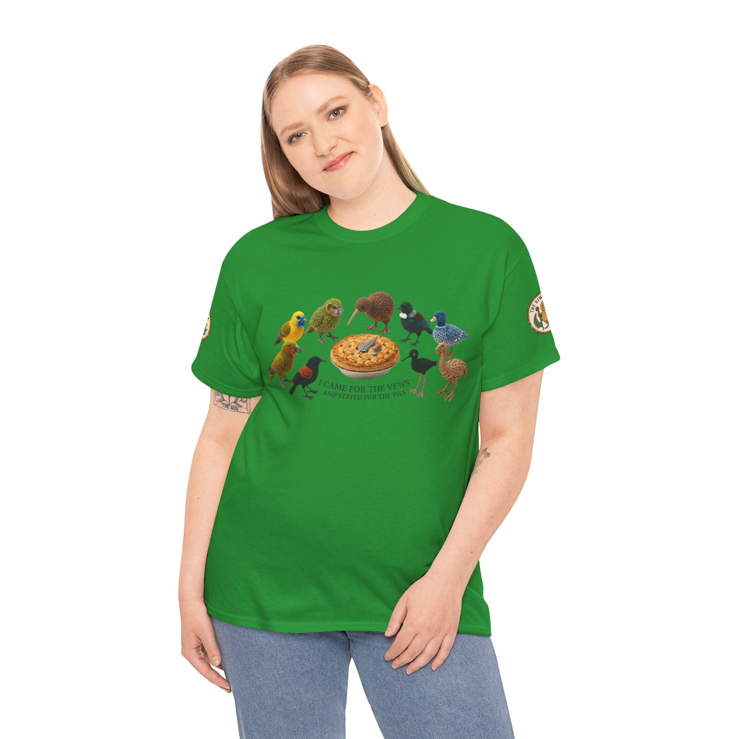 Green graphic T-shirt worn by model, showing bird-and-pizza front print