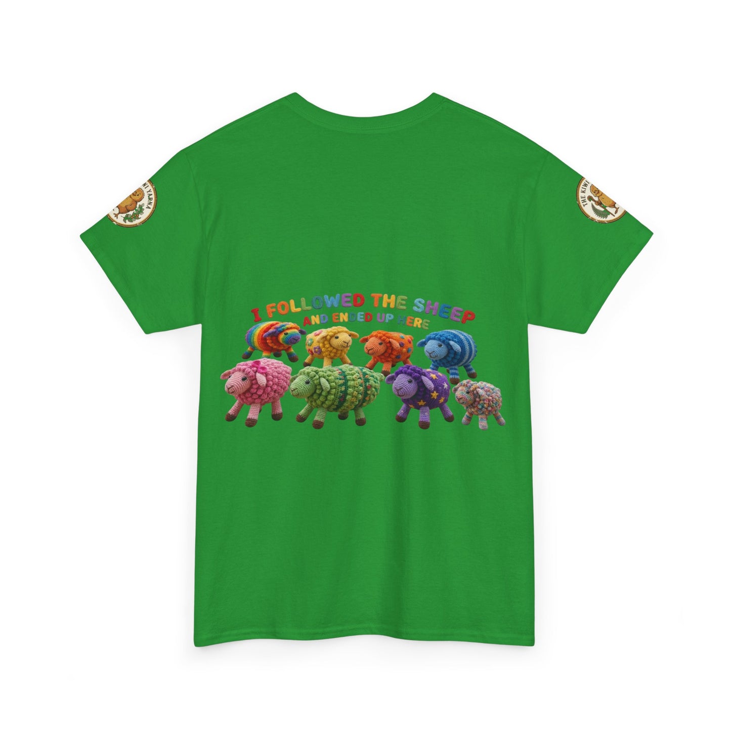 Green crew-neck t-shirt with colorful sheep graphic across the chest