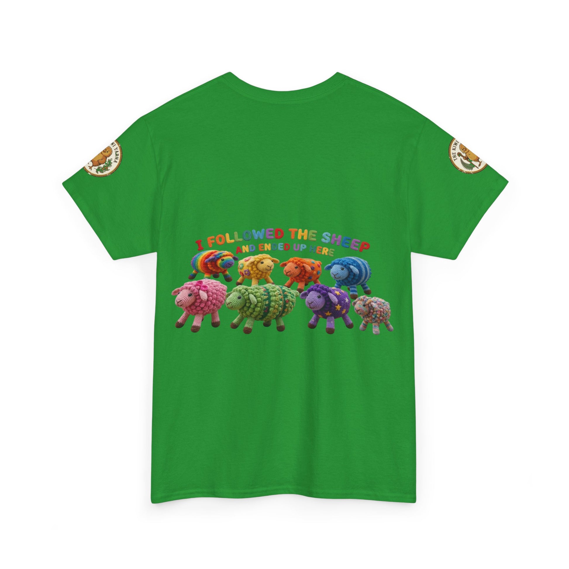 Green crew-neck t-shirt with colorful sheep graphic across the chest
