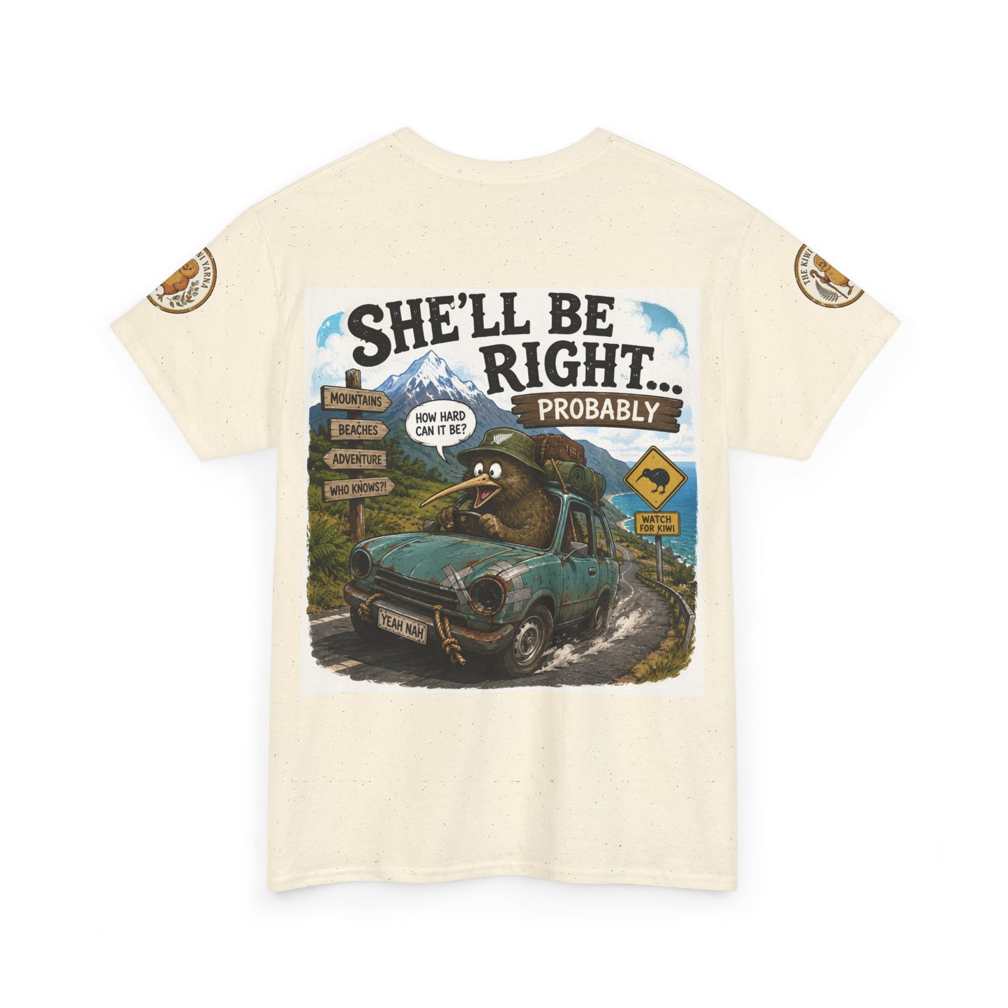 Light beige graphic T-shirt with front truck and outdoor scene print