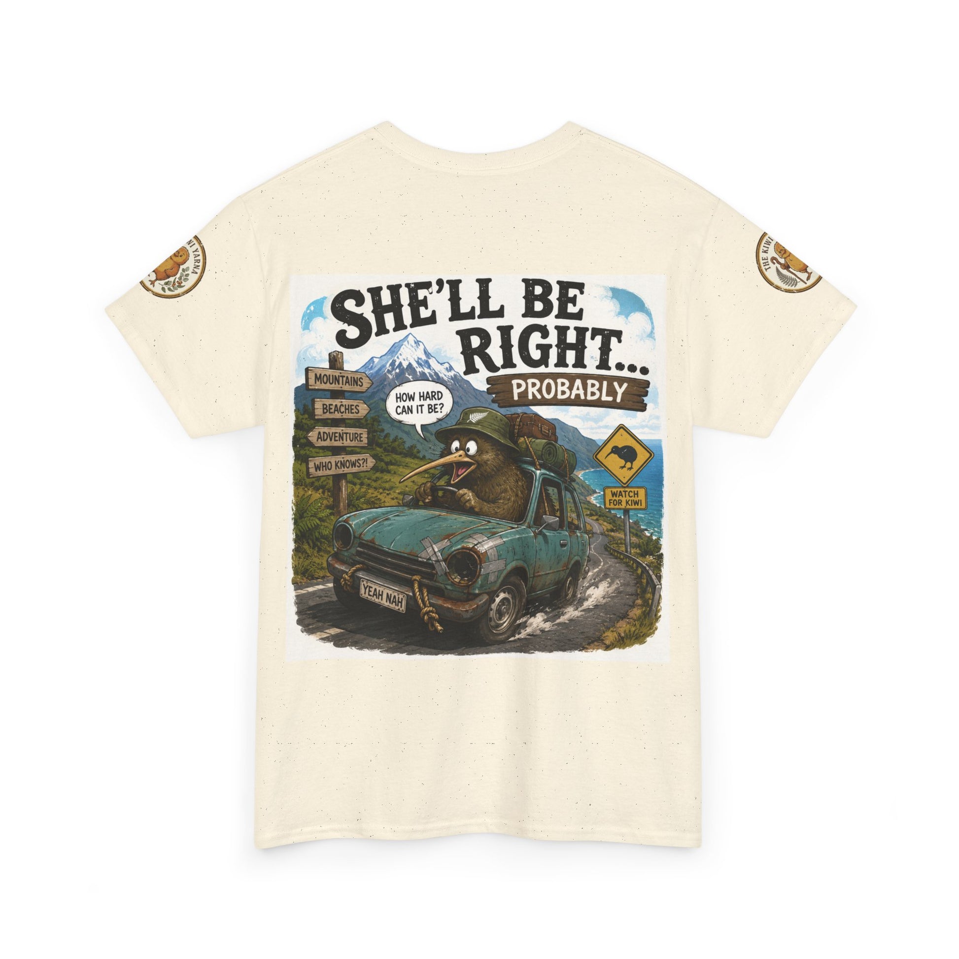 Light beige graphic T-shirt with front truck and outdoor scene print