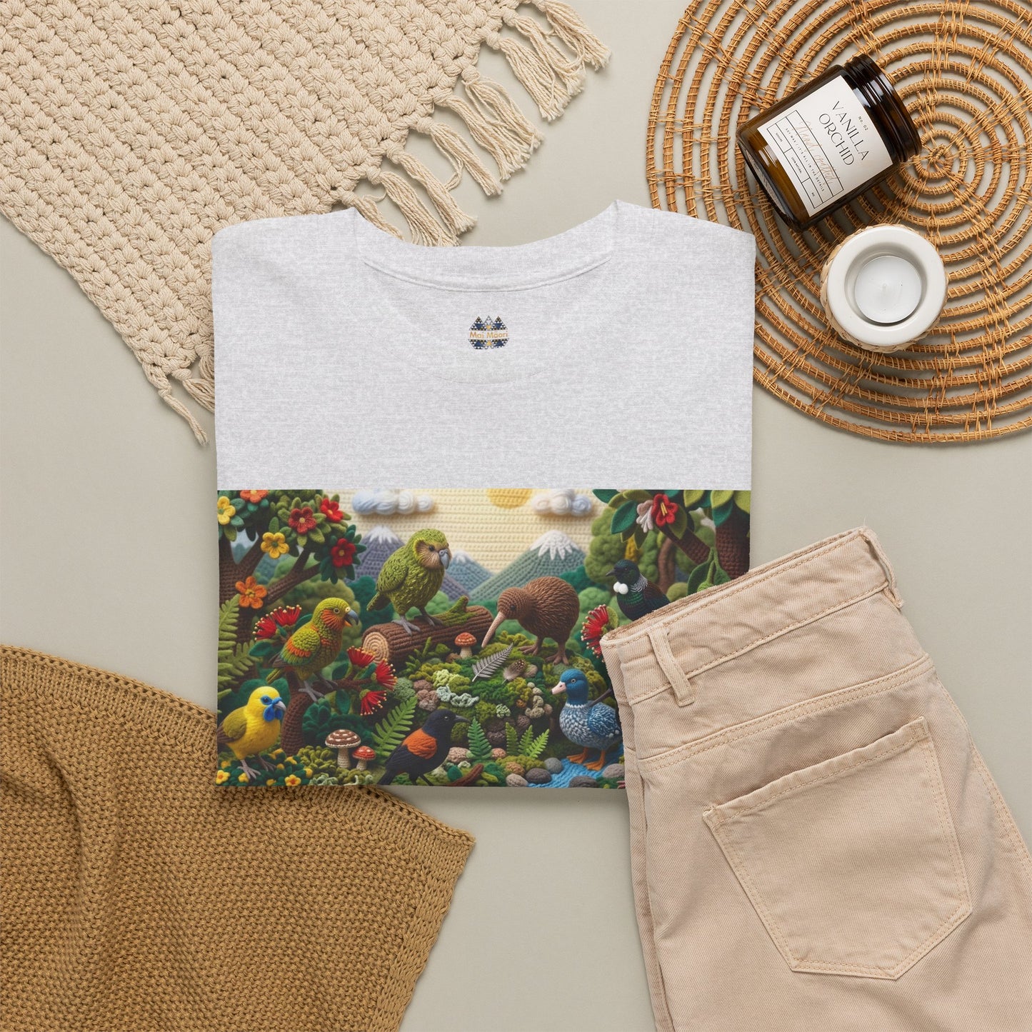 White graphic T-shirt with birds-and-forest scene graphic on chest