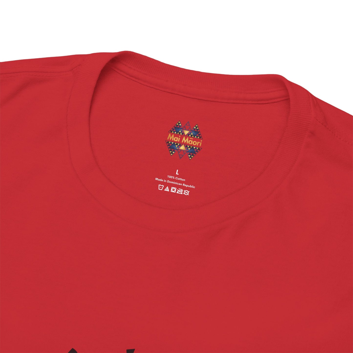 Red crew-neck T-shirt close-up of chest logo at the neckline