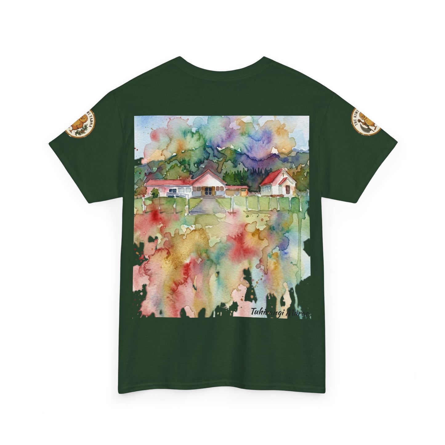 Dark green T-shirt with watercolor house landscape print on the front.