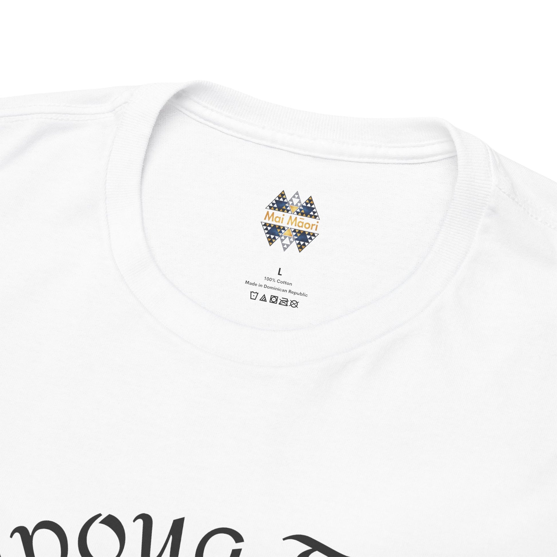 White crew-neck T-shirt with small multicolor chest logo