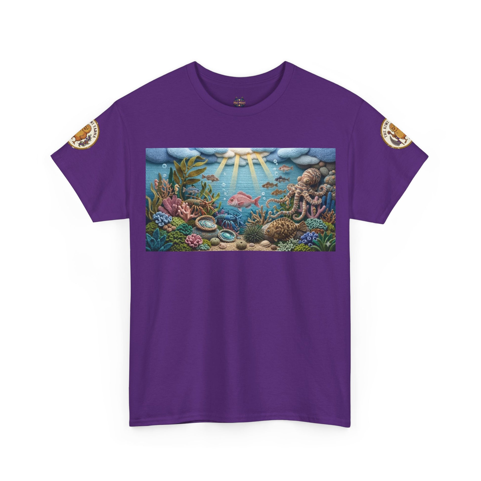Purple T-shirt with sea scene graphic and circular shoulder patches