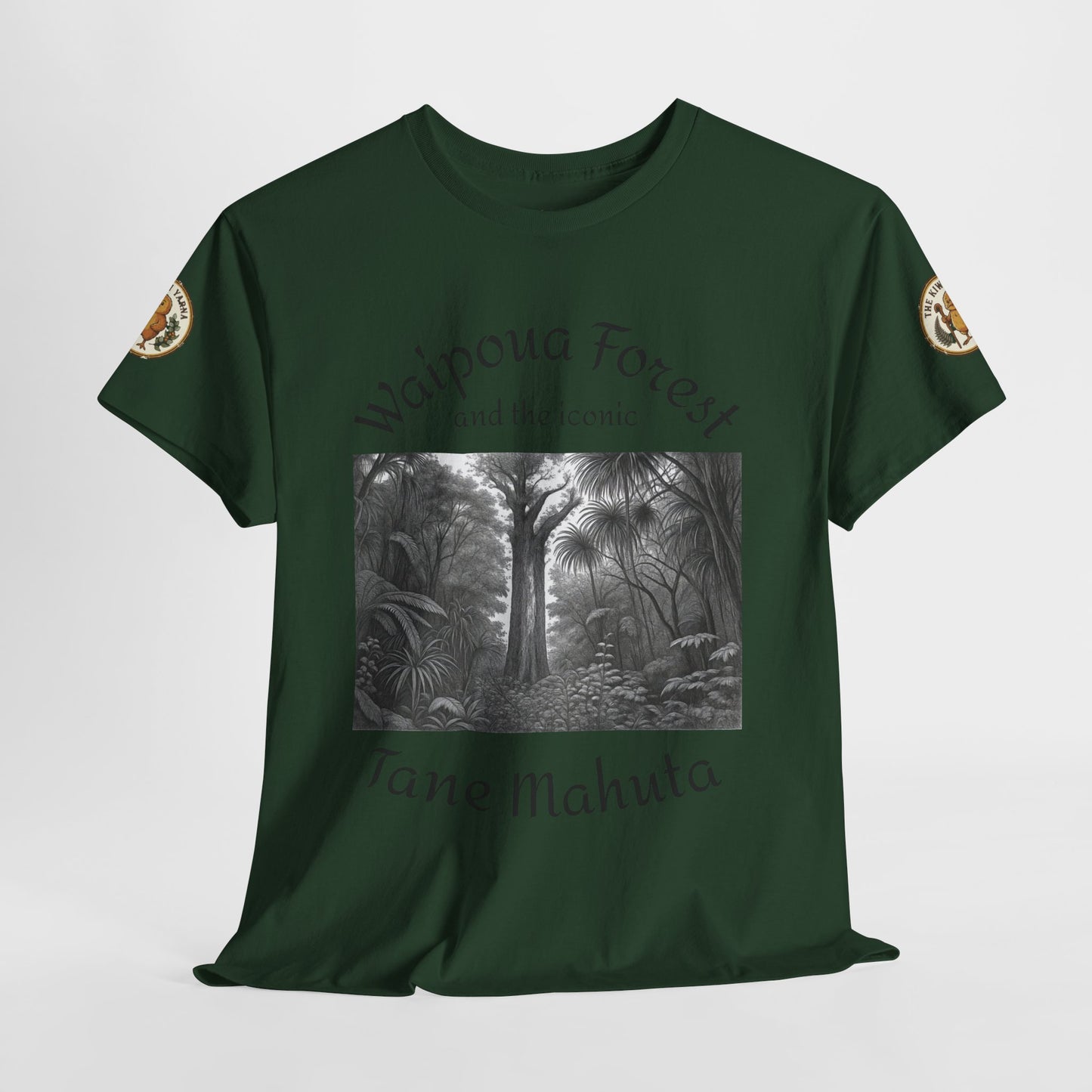 Forest green T-shirt with black-and-white forest scene graphic and round sleeve patches