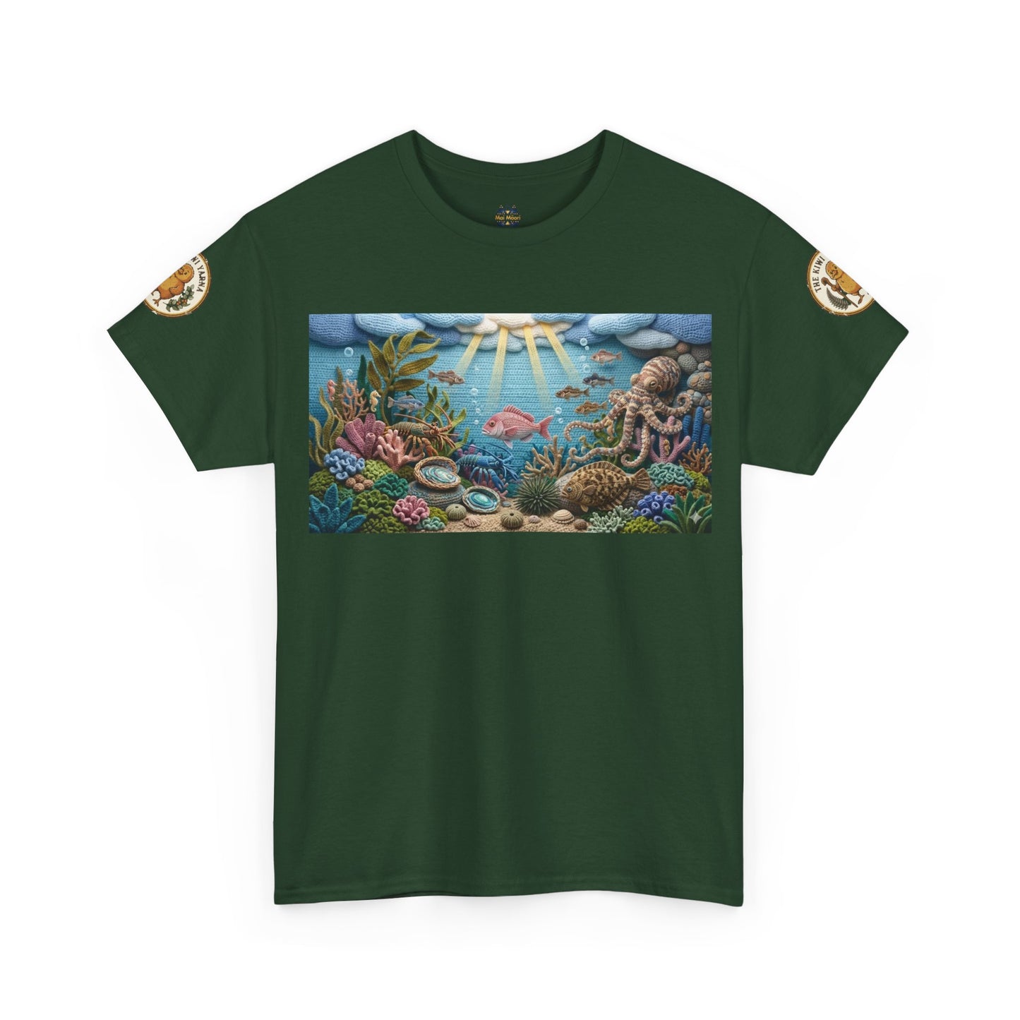 Dark green T-shirt with sea scene graphic and circular shoulder patches