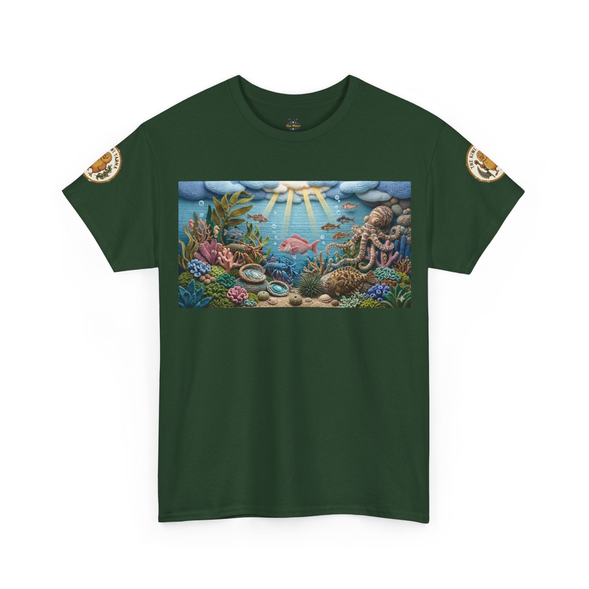 Dark green T-shirt with sea scene graphic and circular shoulder patches