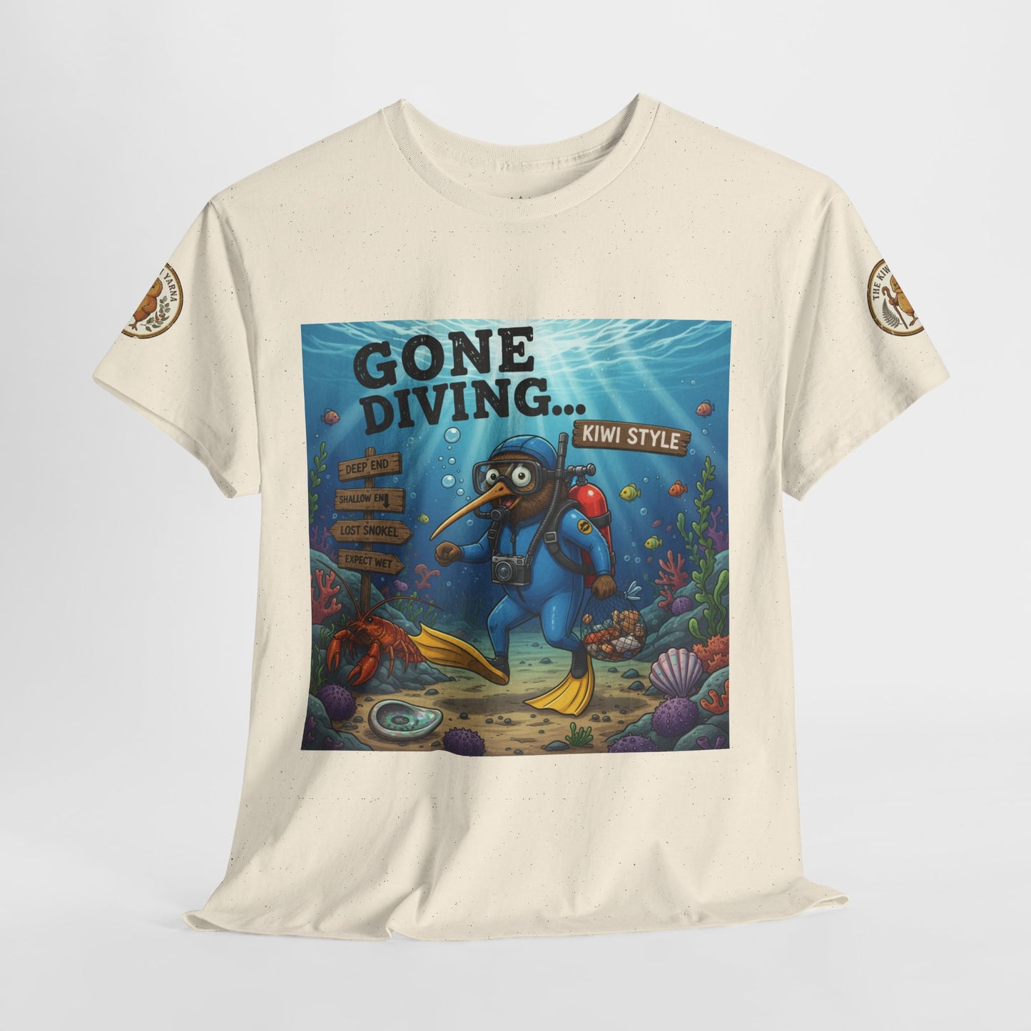 Cream crew-neck t-shirt with 'GONE DIVING... KIWI STYLE' underwater print