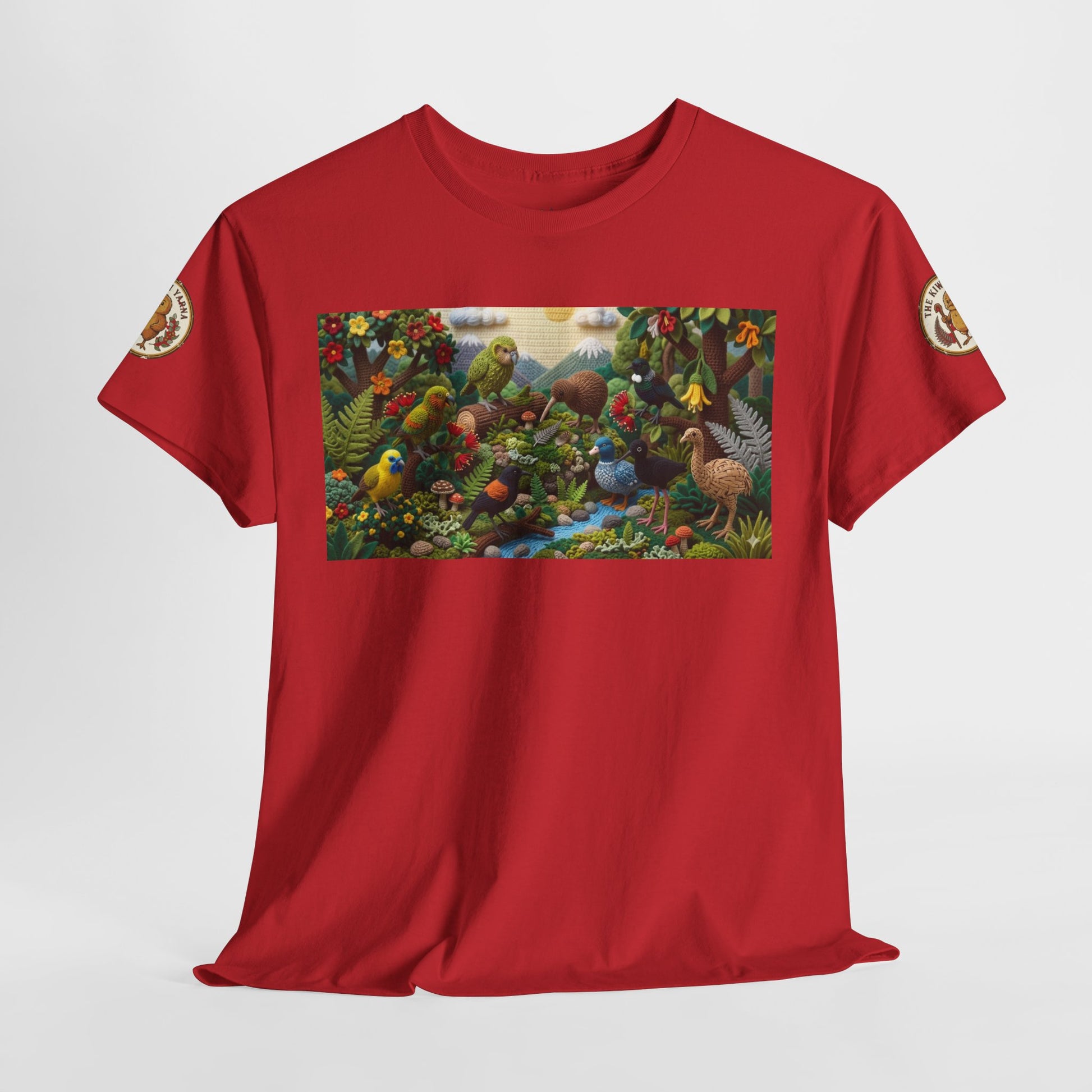 Red crew-neck T-shirt with rectangular bird landscape graphic and sleeve emblem patches