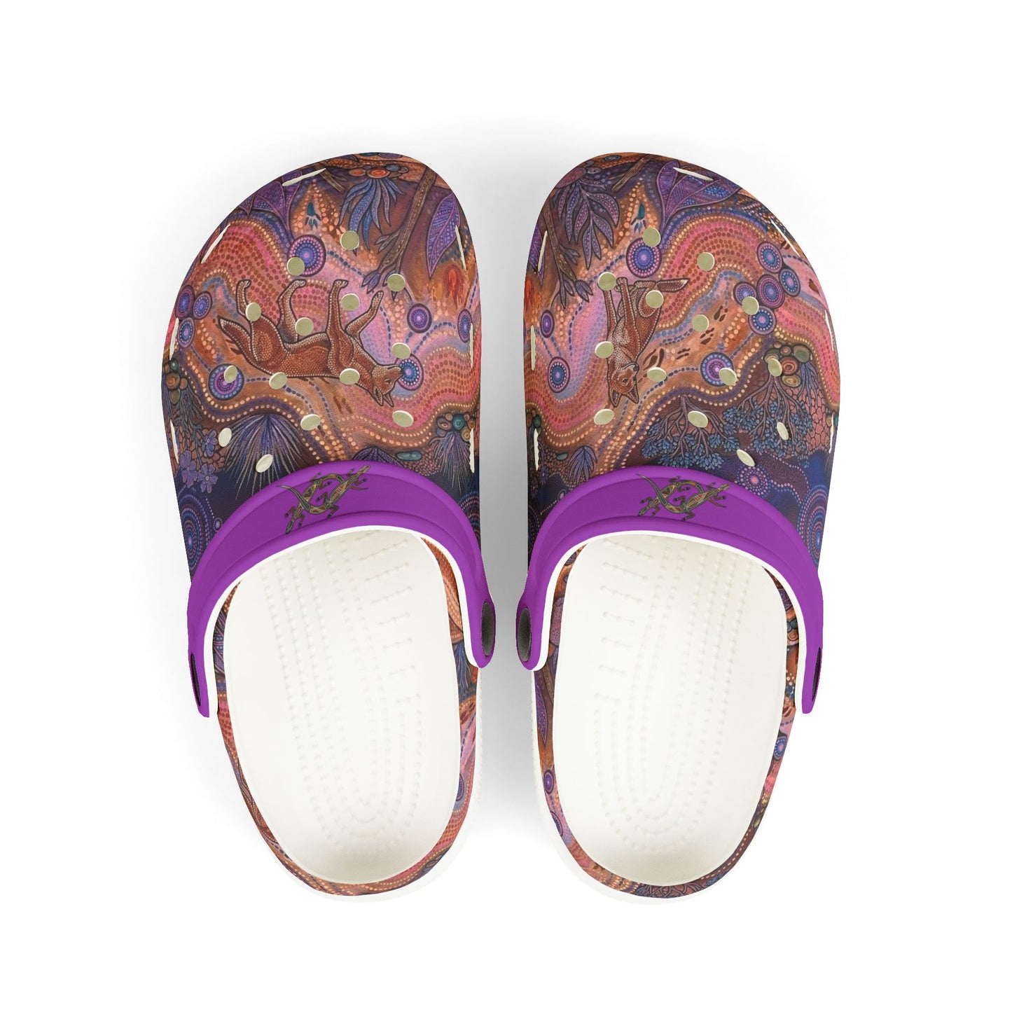 Pair of patterned clog shoes with purple straps, white footbed, and perforations