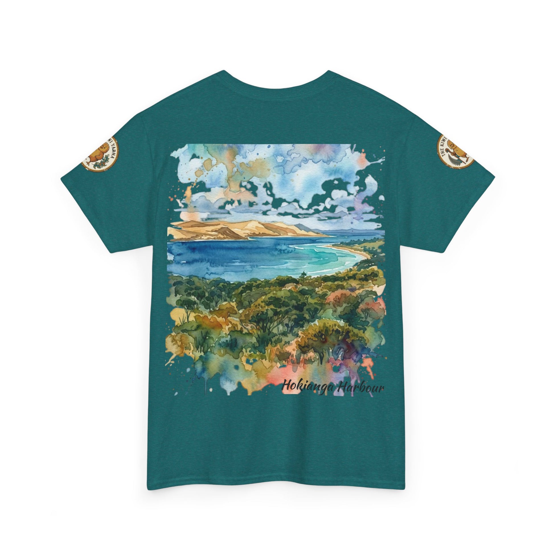Teal printed T-shirt with watercolor landscape front graphic and sleeve emblem patch.