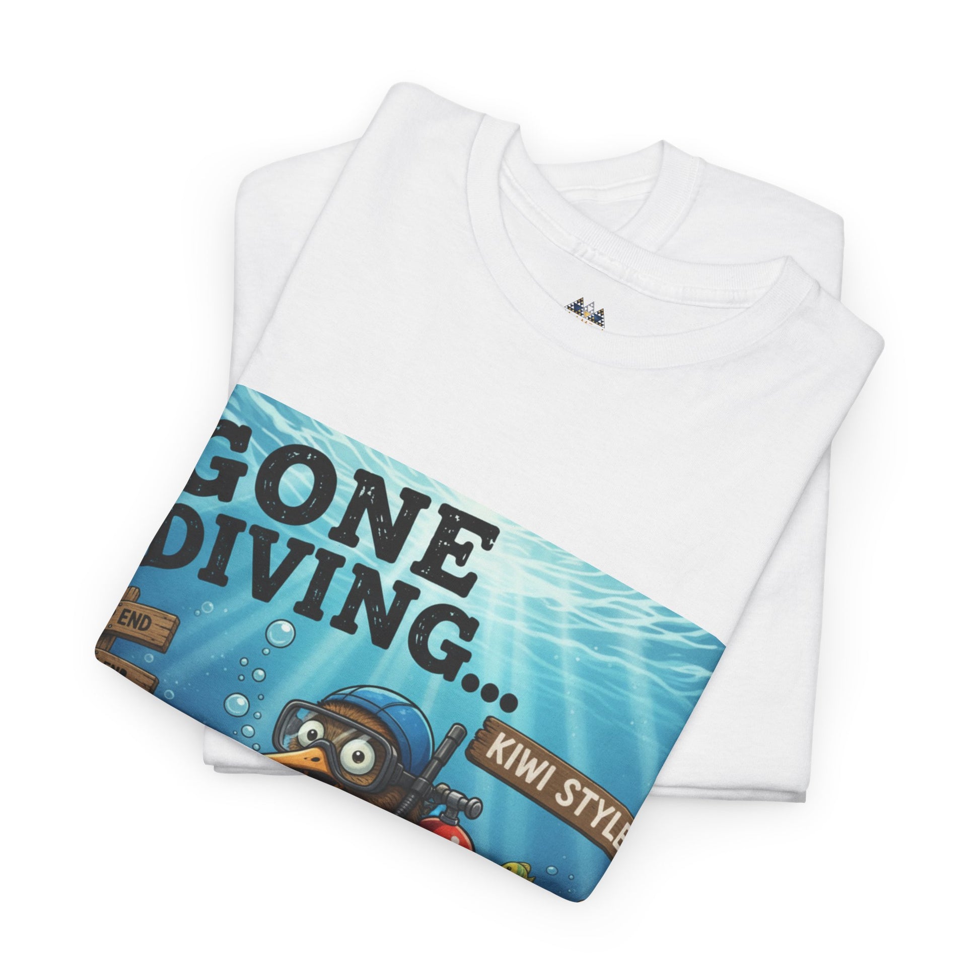White crewneck t-shirt with large diving character graphic