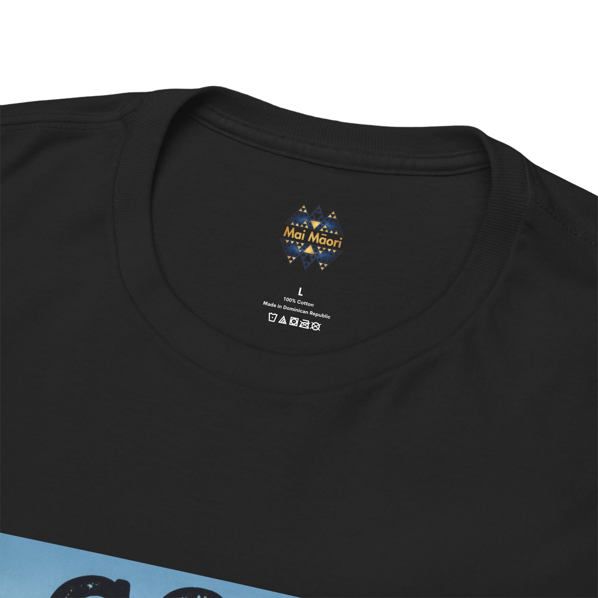 Black crewneck T-shirt close-up of small chest logo and size label