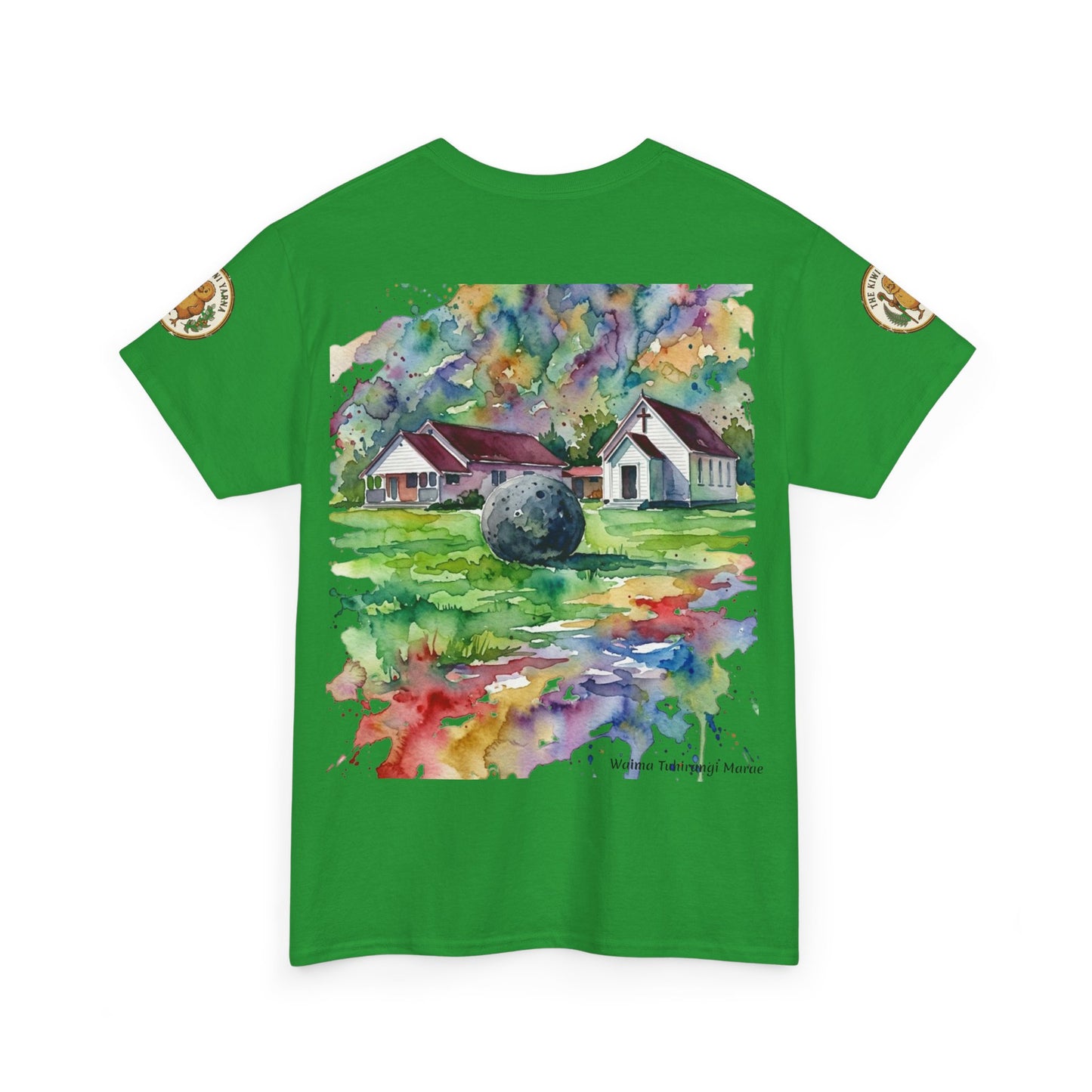 Green T-shirt with watercolor-style house and landscape graphic on front