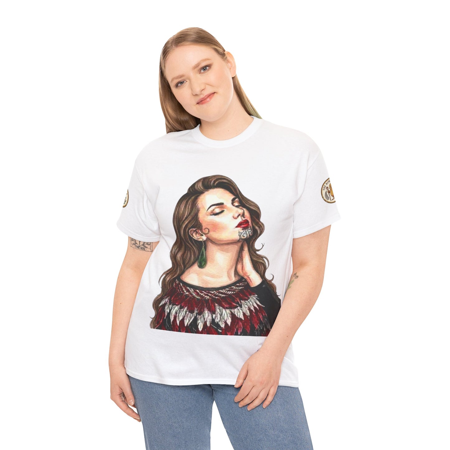 White graphic T-shirt with portrait woman bust illustration, worn by model
