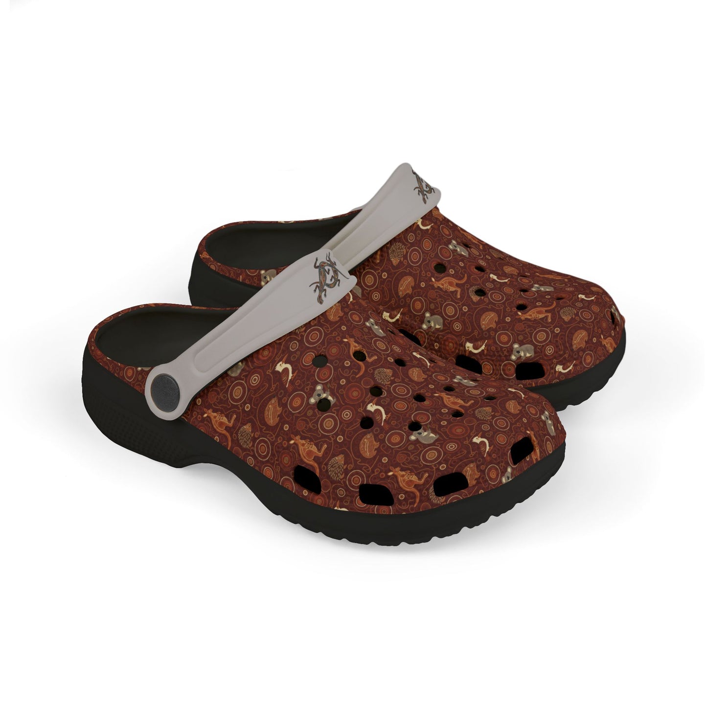 Printed casual clog shoes with maroon-brown upper, white strap, and dark outsole.