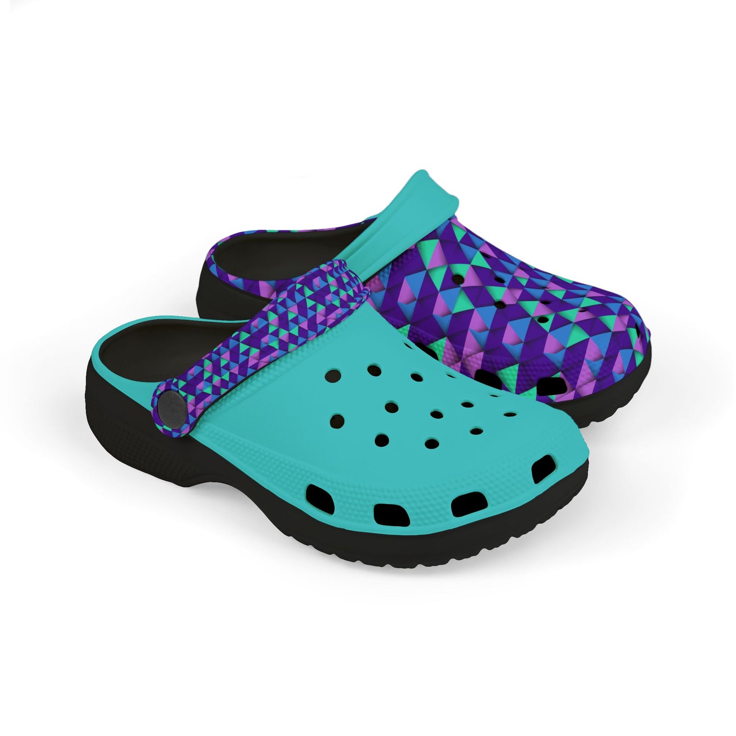 Croc-style clogs, teal and purple geometric upper with black interior