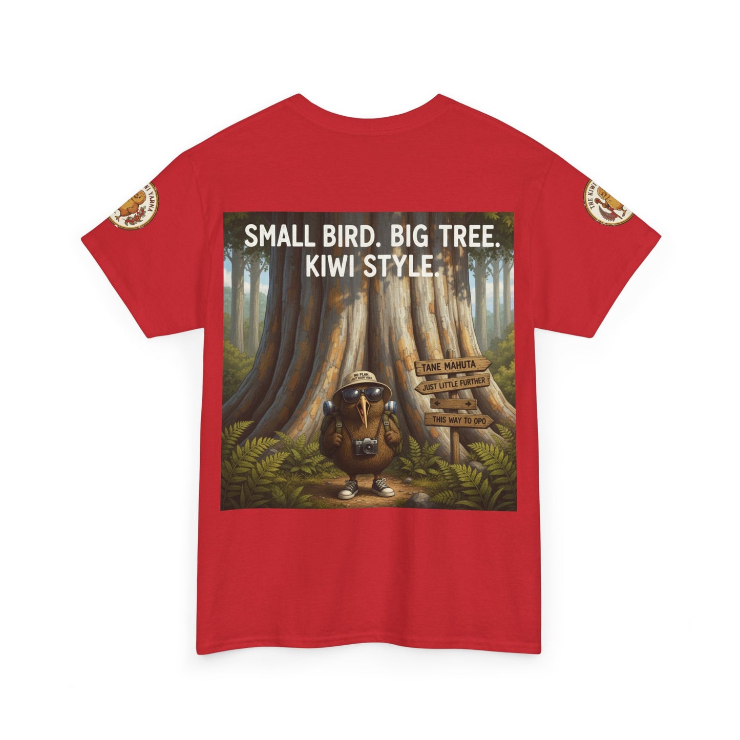 Red graphic t-shirt with framed tree and kiwi-style artwork on the front