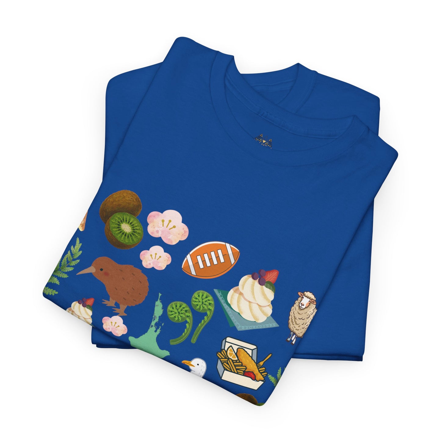Kiwiana graphic T-shirt stacked in antique sapphire blue with colorful wildlife and plant print
