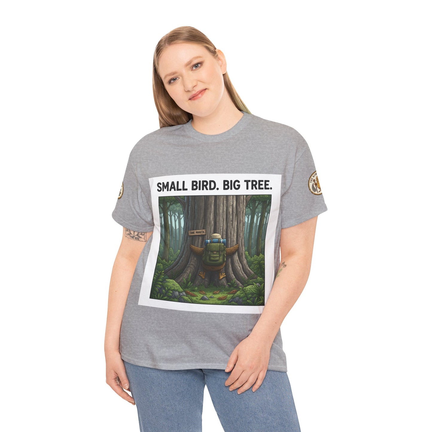 Gray crew-neck T-shirt with front forest bird/tree graphic, short sleeves