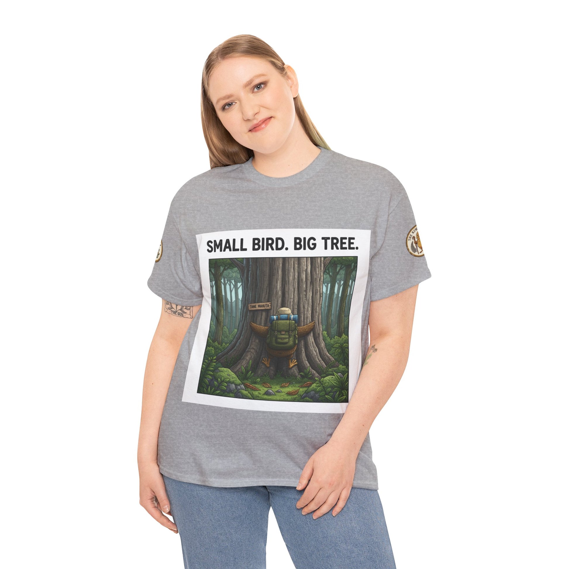 Gray crew-neck T-shirt with front forest bird/tree graphic, short sleeves