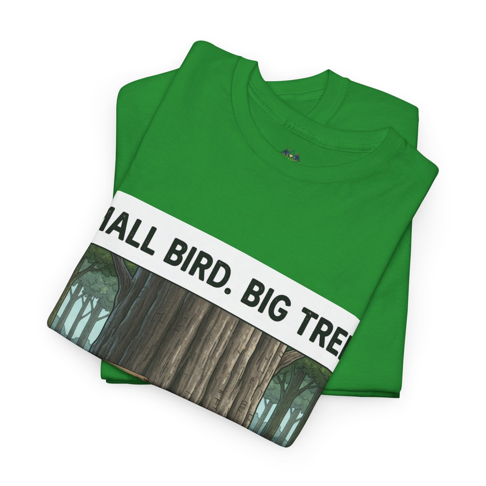 Green crew-neck T-shirt with diagonal forest graphic print across the chest