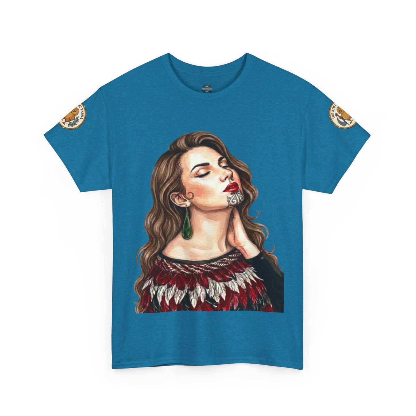 Blue graphic portrait T-shirt with short sleeves and decorative sleeve patches