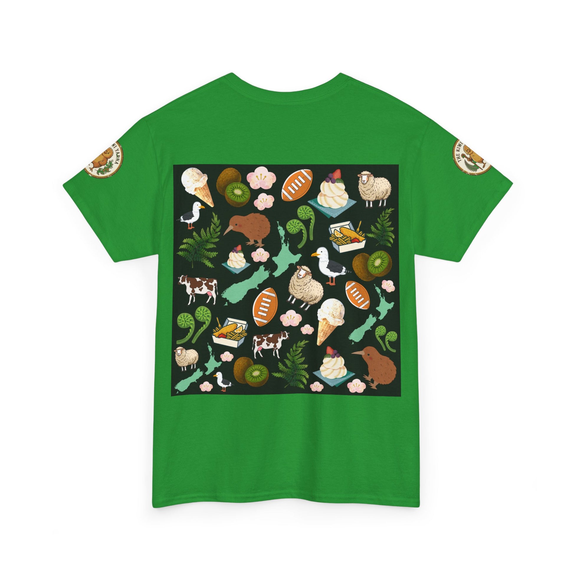 Green crewneck T-shirt with large colorful tropical wildlife pattern and sleeve patches