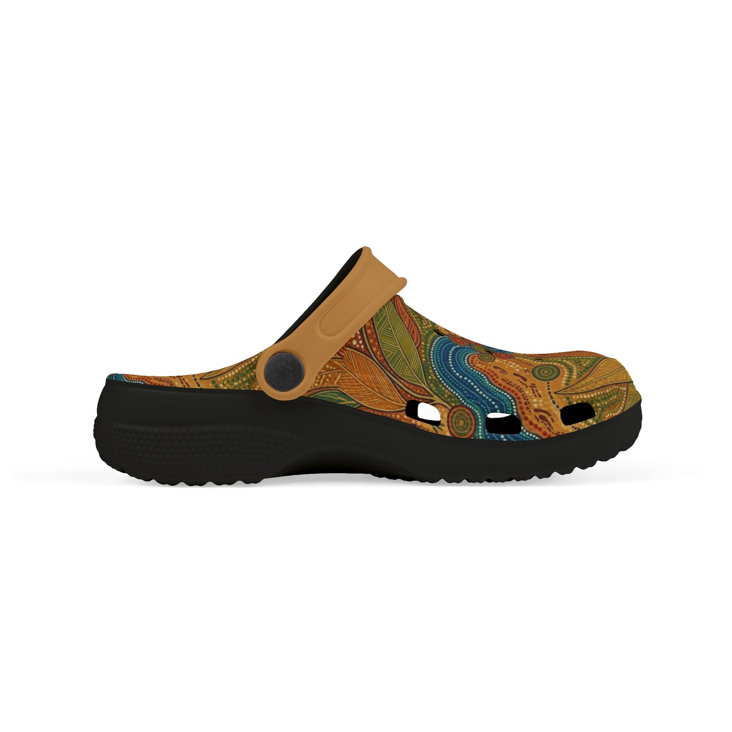 Aboriginal art slip-on clog shoe with multicolor patterned upper and black sole