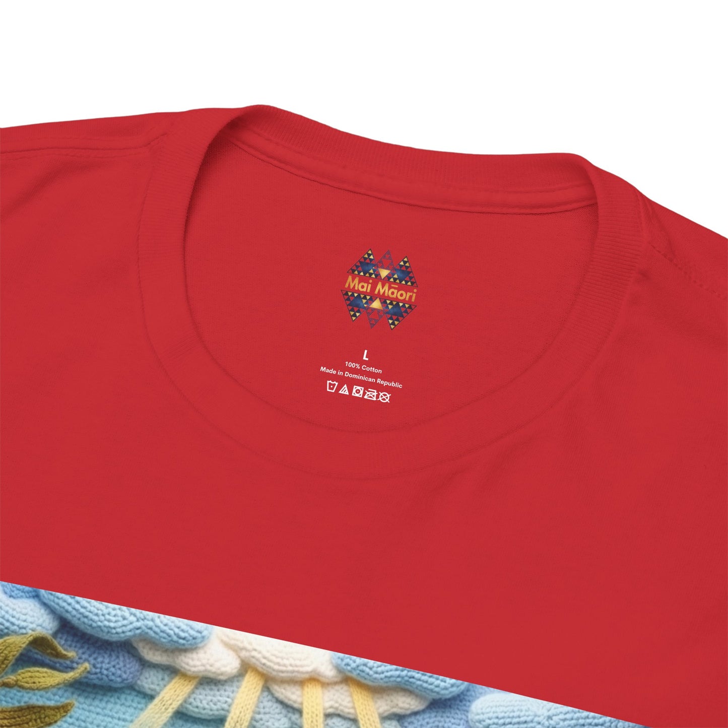 Red crewneck T-shirt close-up with chest logo and neckline label text