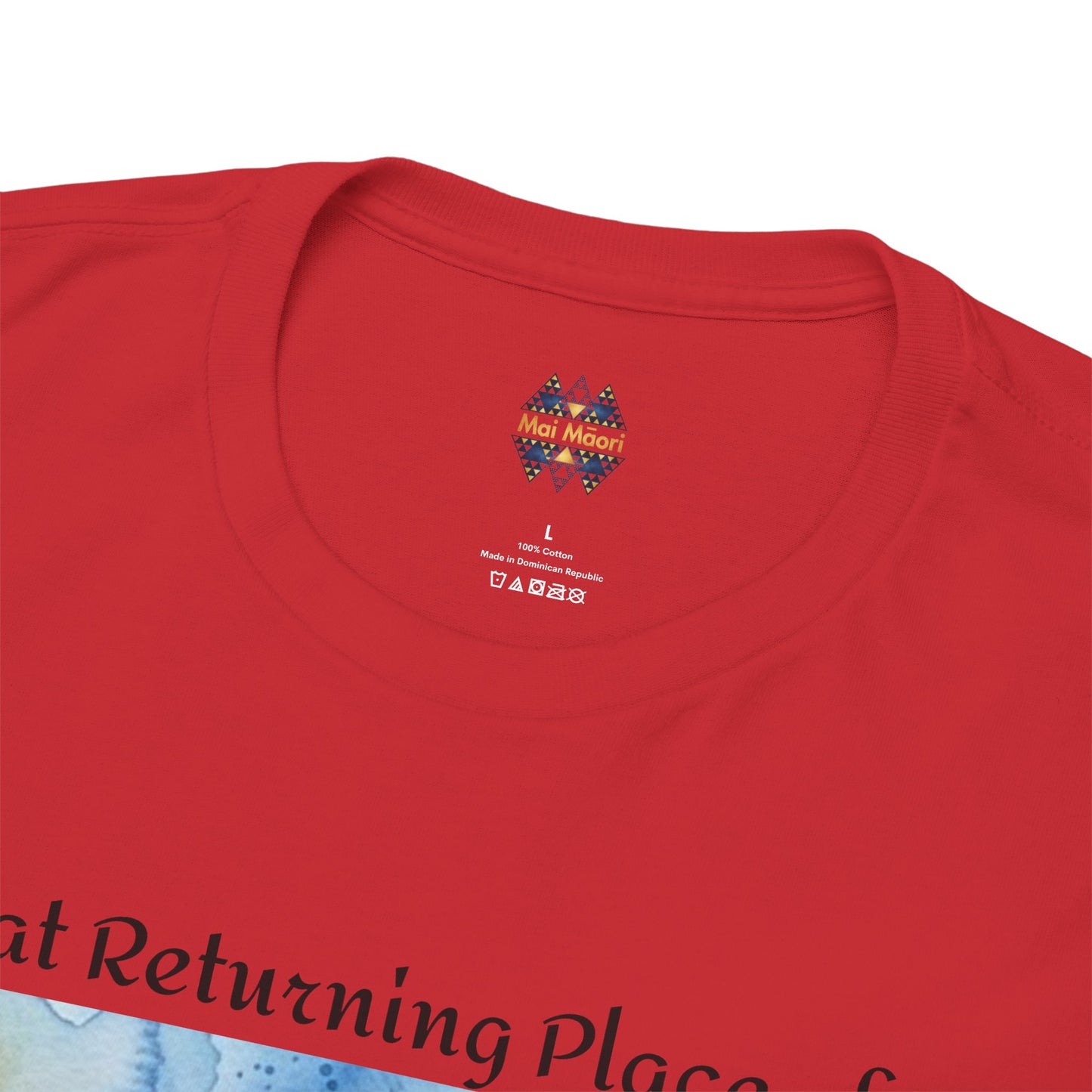 Red crew-neck T-shirt with small “Mai Maori” chest logo and printed neckline details.