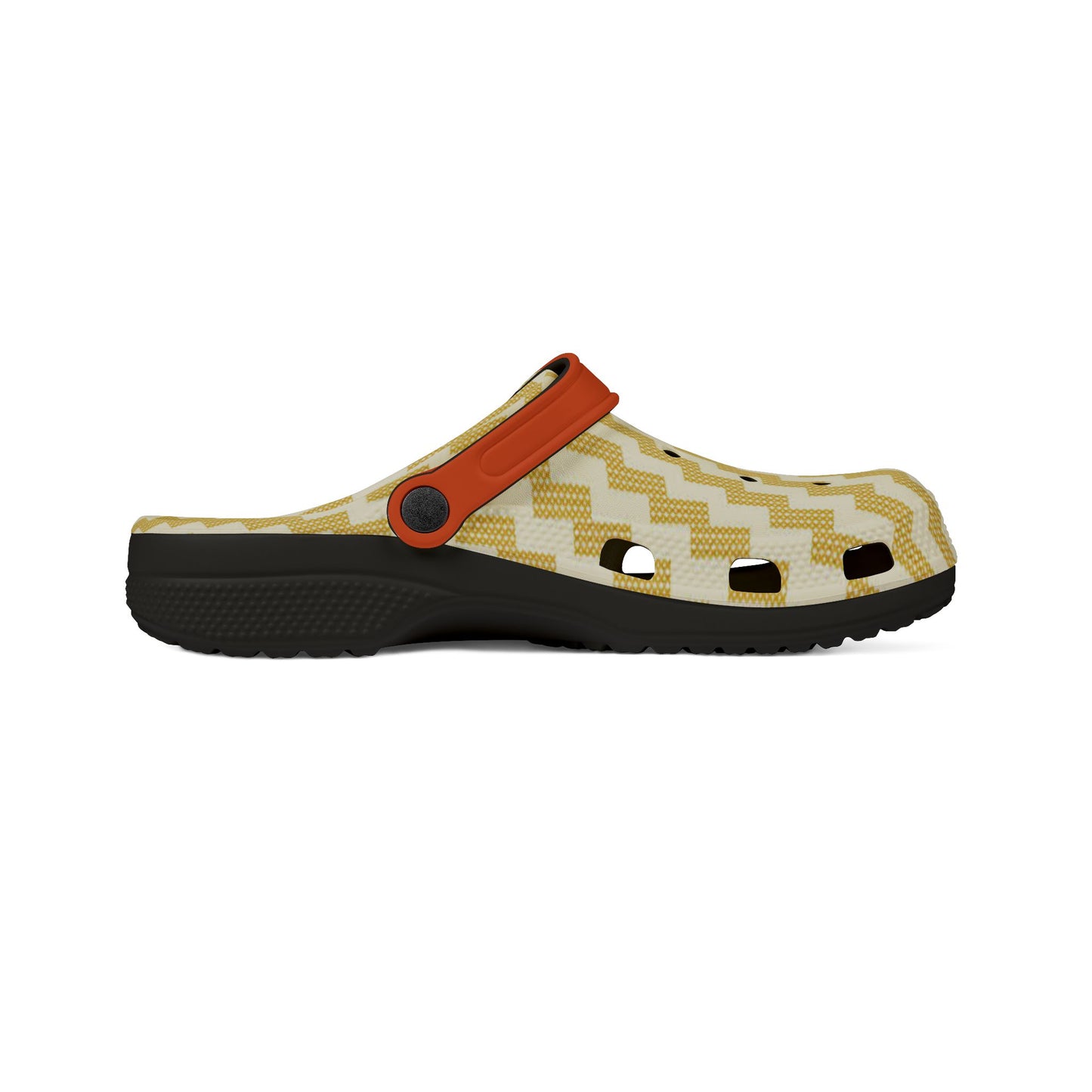 Poutama clog side profile with zigzag upper, orange strap, and black outsole