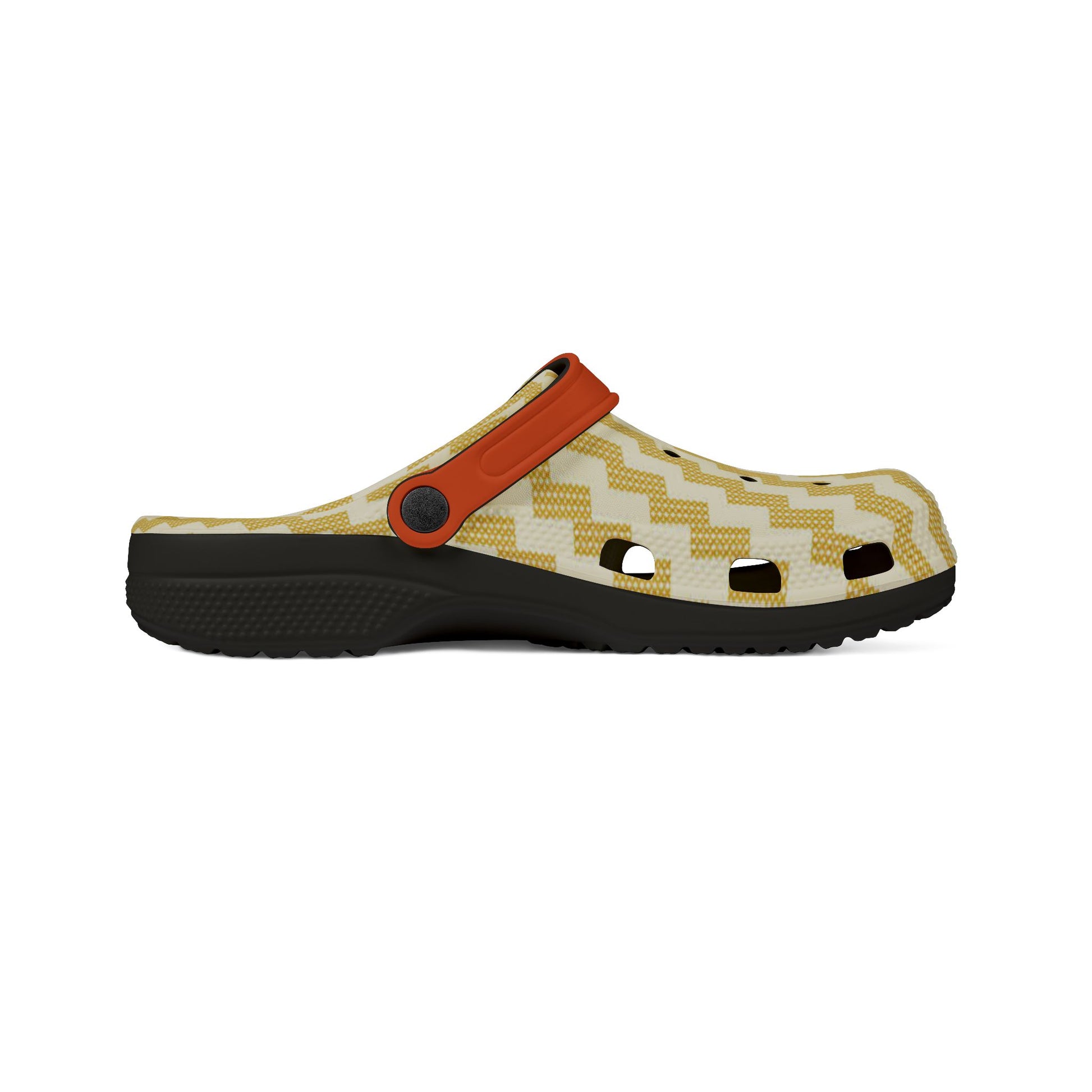 Poutama clog side profile with zigzag upper, orange strap, and black outsole