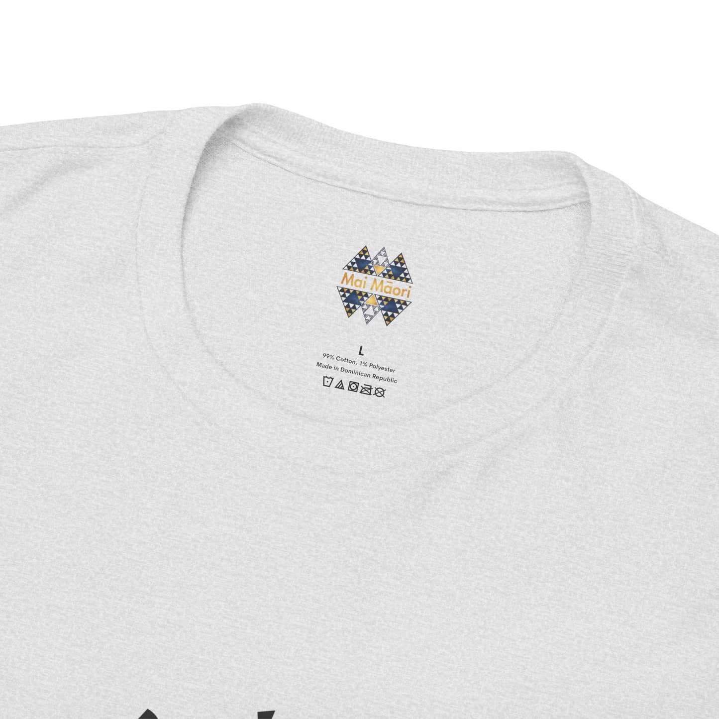 Heather gray t-shirt back neckline close-up with small diamond logo and care icons