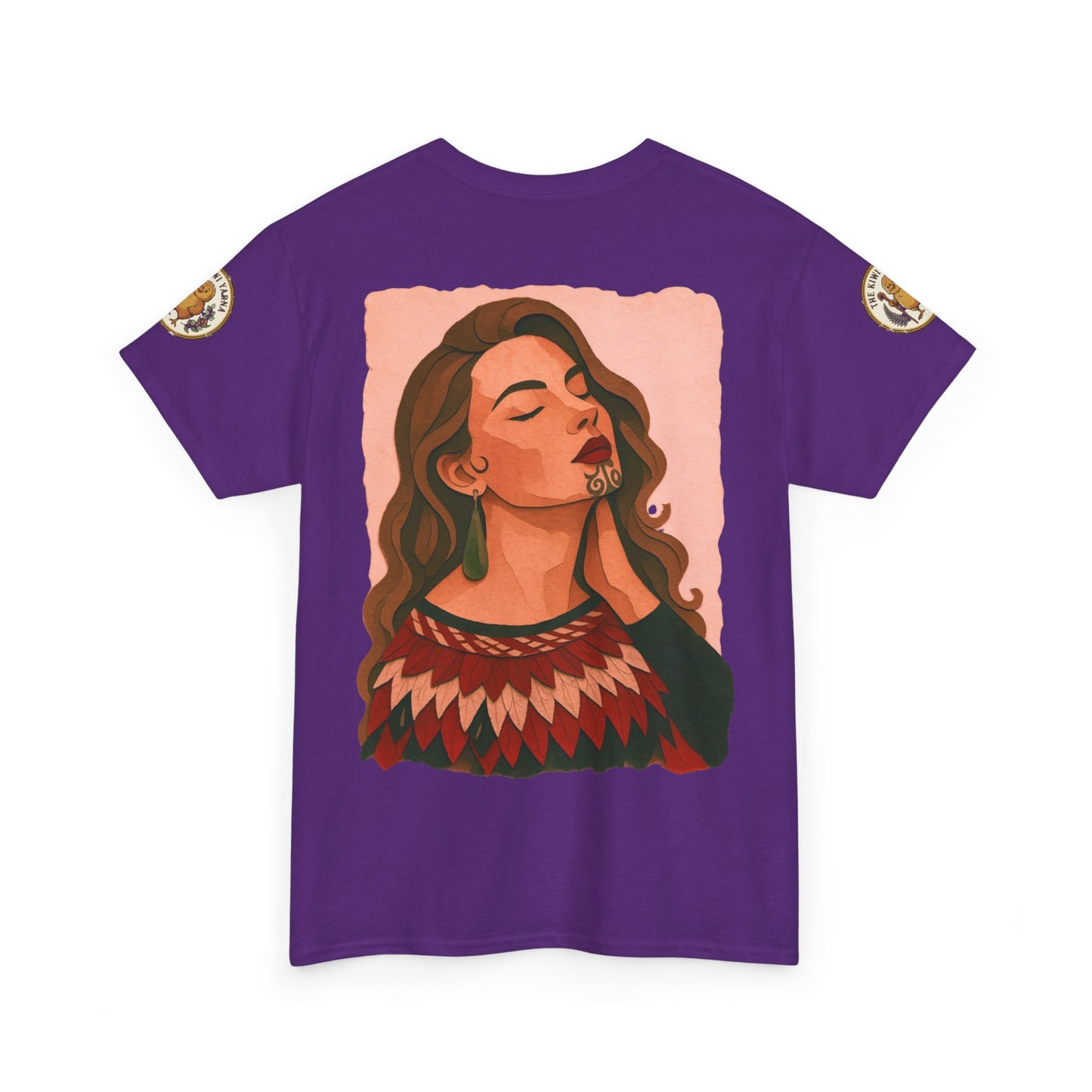 Purple graphic T-shirt with portrait print and round logo patches on sleeves.
