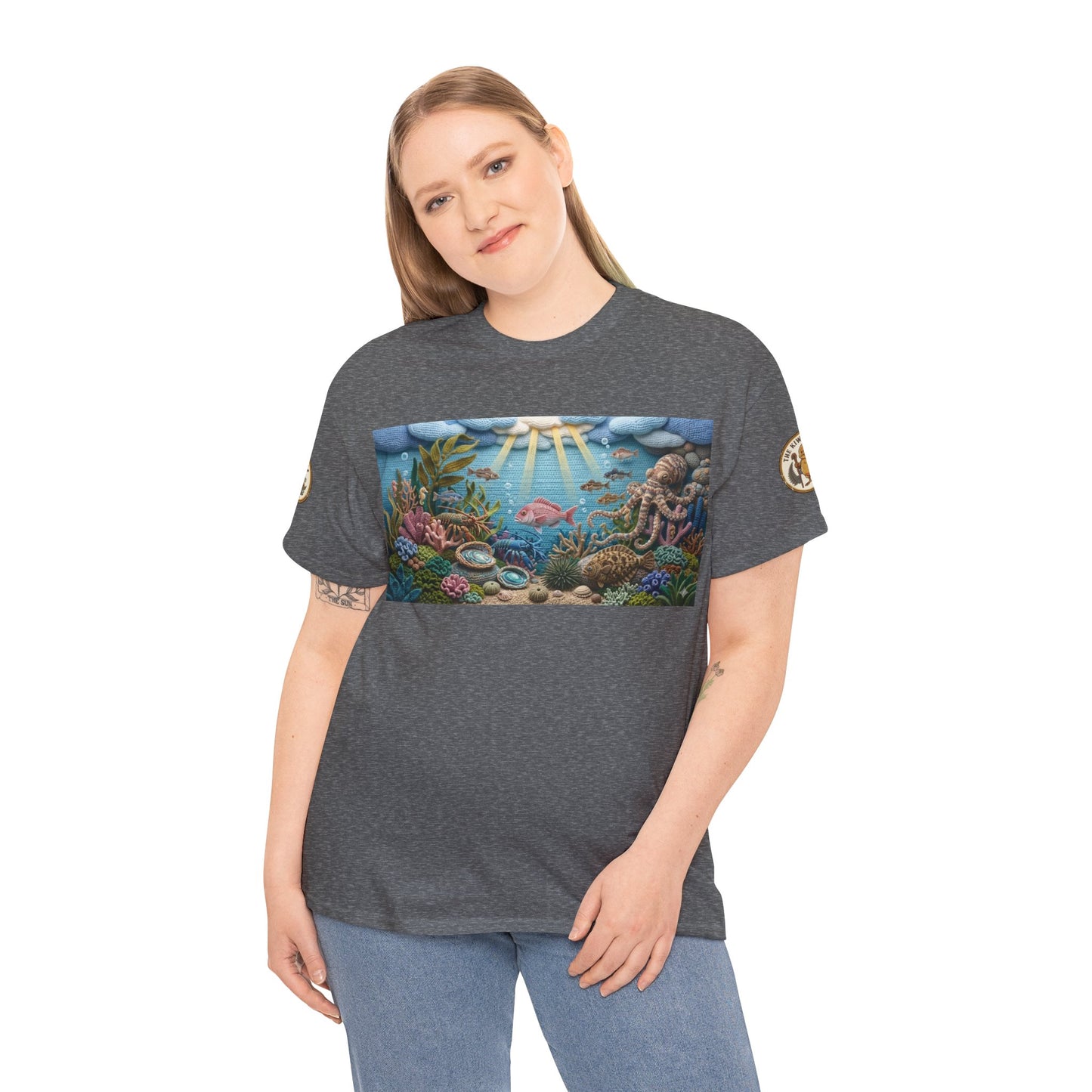 Heather gray crew-neck T-shirt with rectangular ocean scene graphic on the front