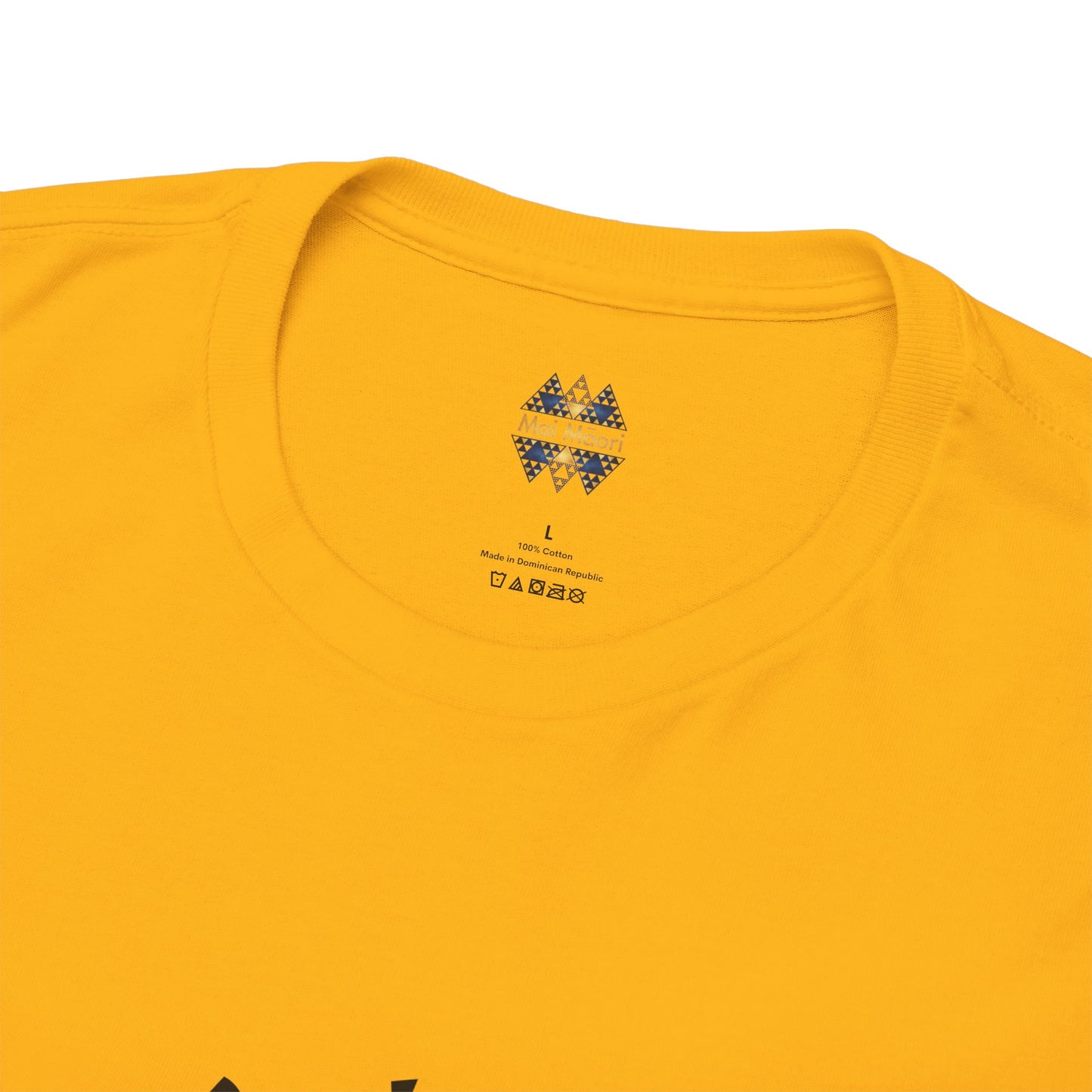 Yellow T-shirt neckline close-up with small chest logo above printed detail