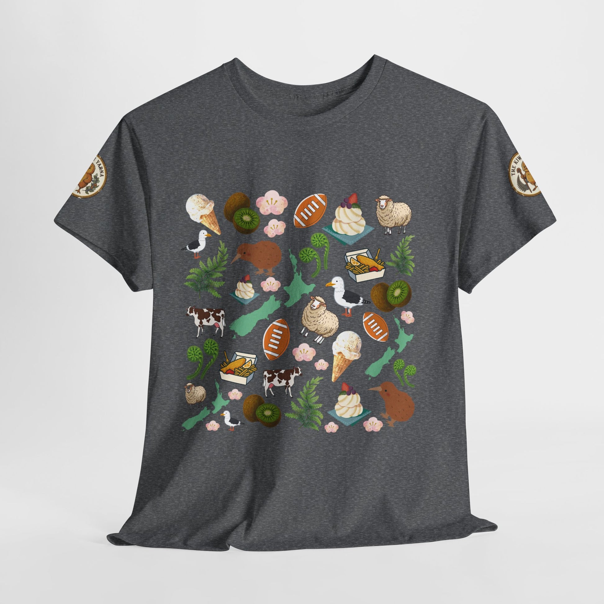 Heather gray crewneck T-shirt with large colorful tropical pattern on the front