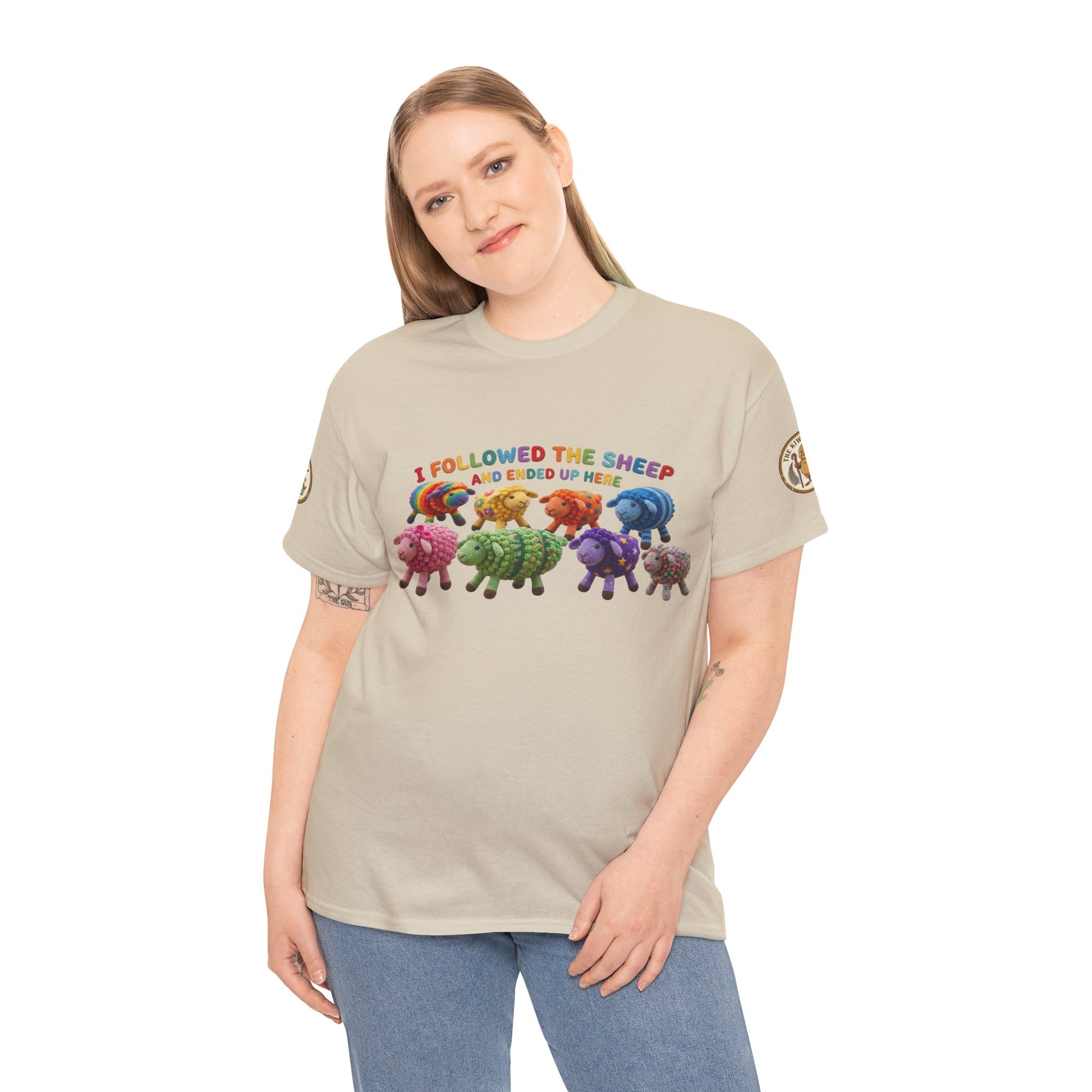 Natural sheep graphic T-shirt on model, short sleeves and crew neckline